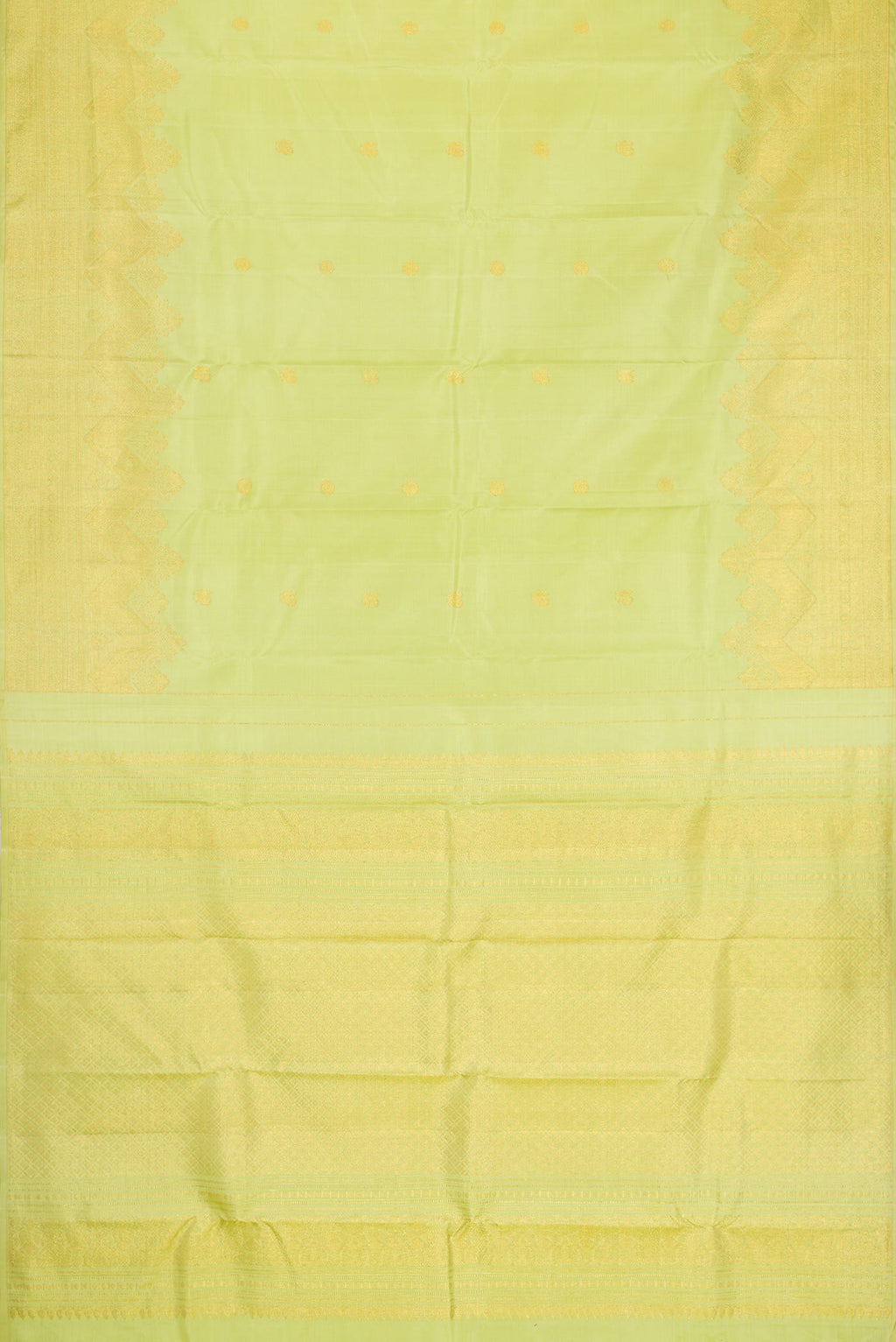 Flat view of Green Dual Tone Kanchipuram Silk Saree with Zari Butta on the body and Zari Border