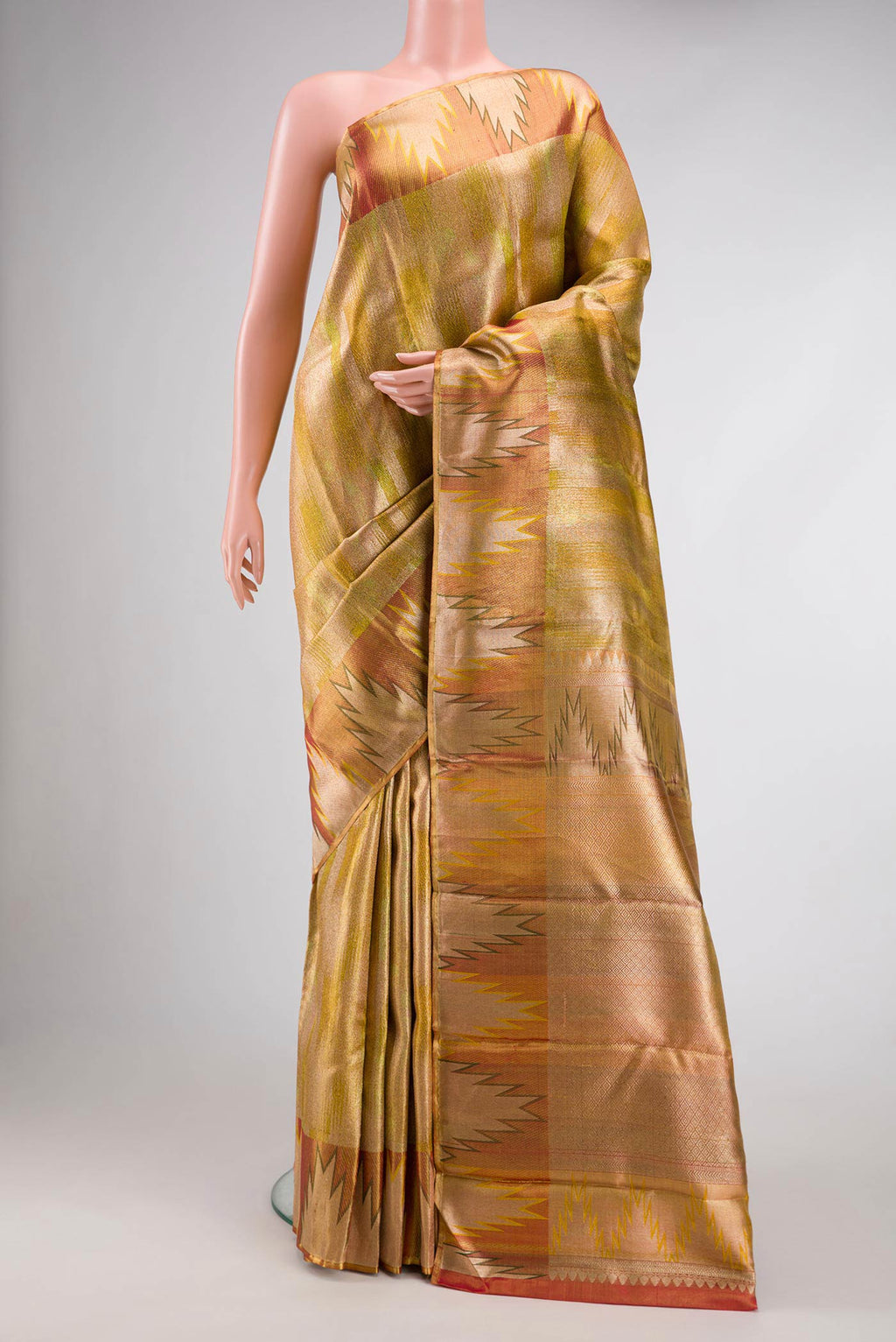 Green Dual Tone Kanjivaram Tissue Silk Saree with Zari Brocade on the body and Temple Border.  displayed on a mannequin