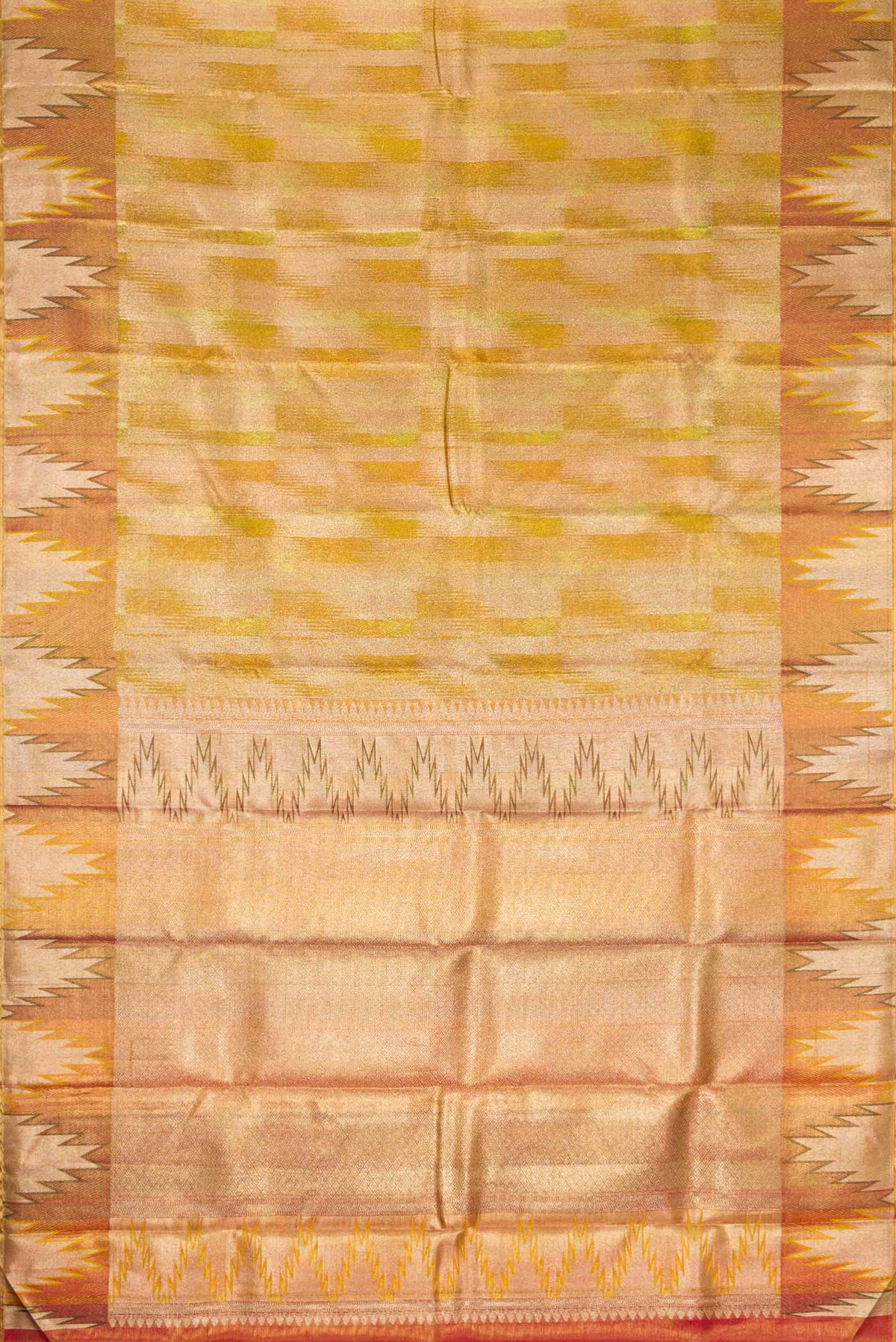 Flat view of Green Dual Tone Kanjivaram Tissue Silk Saree with Zari Brocade on the body and Temple Border. 
