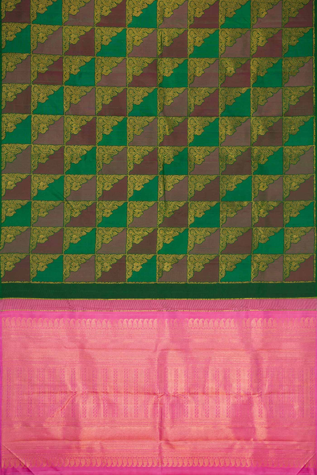 Flat view of Bottle Green Dual Tone Kanchipuram Silk Saree with Zari Brocade on the body and Without Border