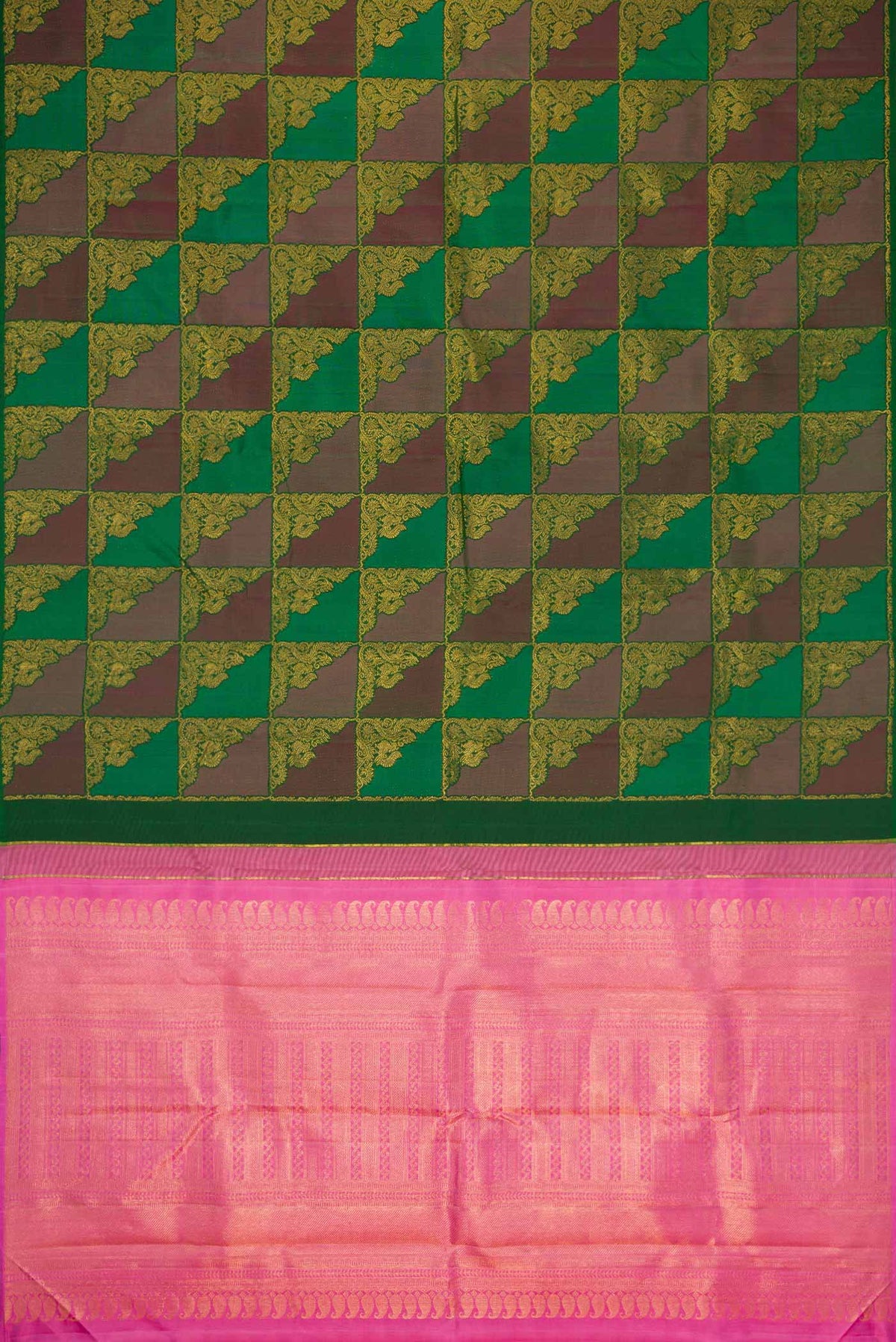 Flat view of Bottle Green Dual Tone Kanchipuram Silk Saree with Zari Brocade on the body and Without Border