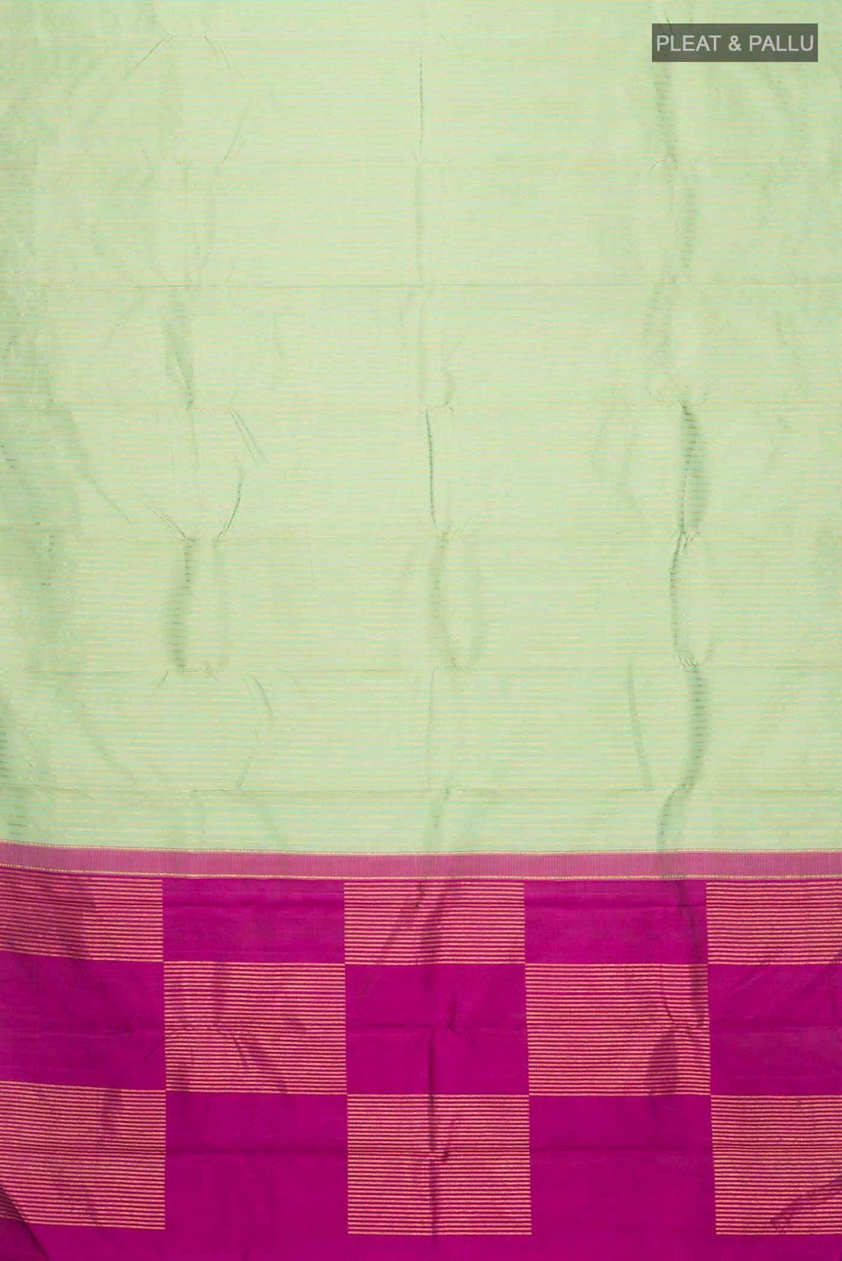 Flat view of Green Kanchipuram Silk Saree with Stripes on the body and Without Border