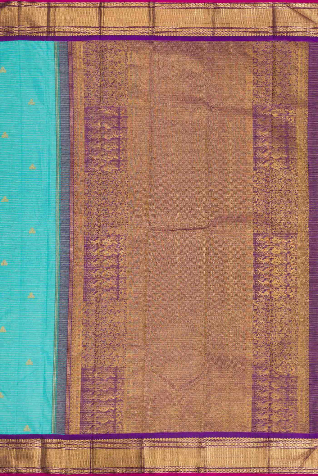 Close up image of the pallu of Sky Blue Dual Tone Kanchipuram Silk Saree with Stripes on the body and Zari Border