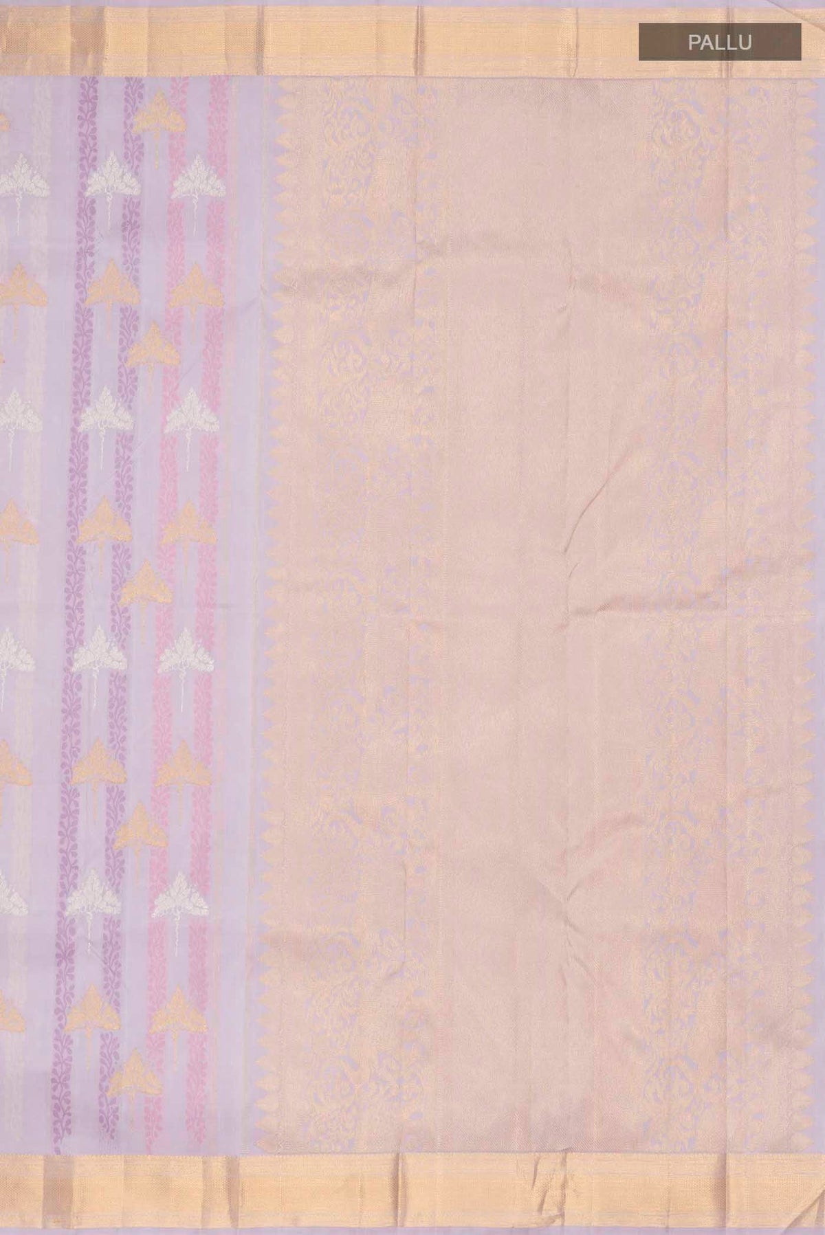 Close up image of the pallu of Lavender Kanchipuram Silk Saree with Jacquard With Zari Butta on the body and Zari Border