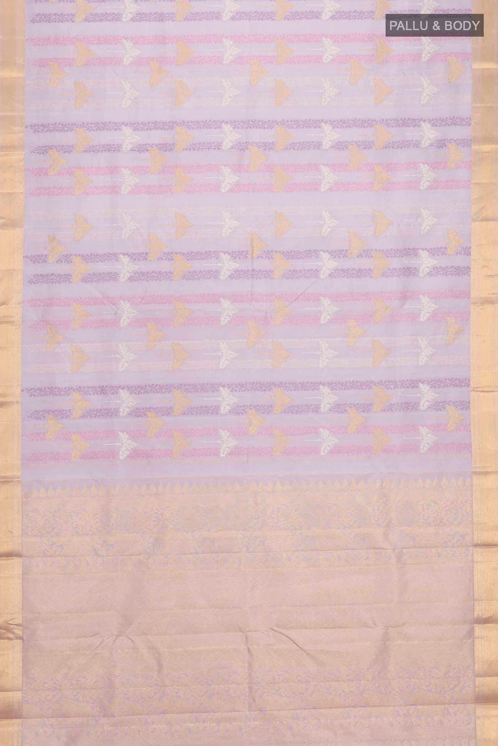Flat view of Lavender Kanchipuram Silk Saree with Jacquard With Zari Butta on the body and Zari Border