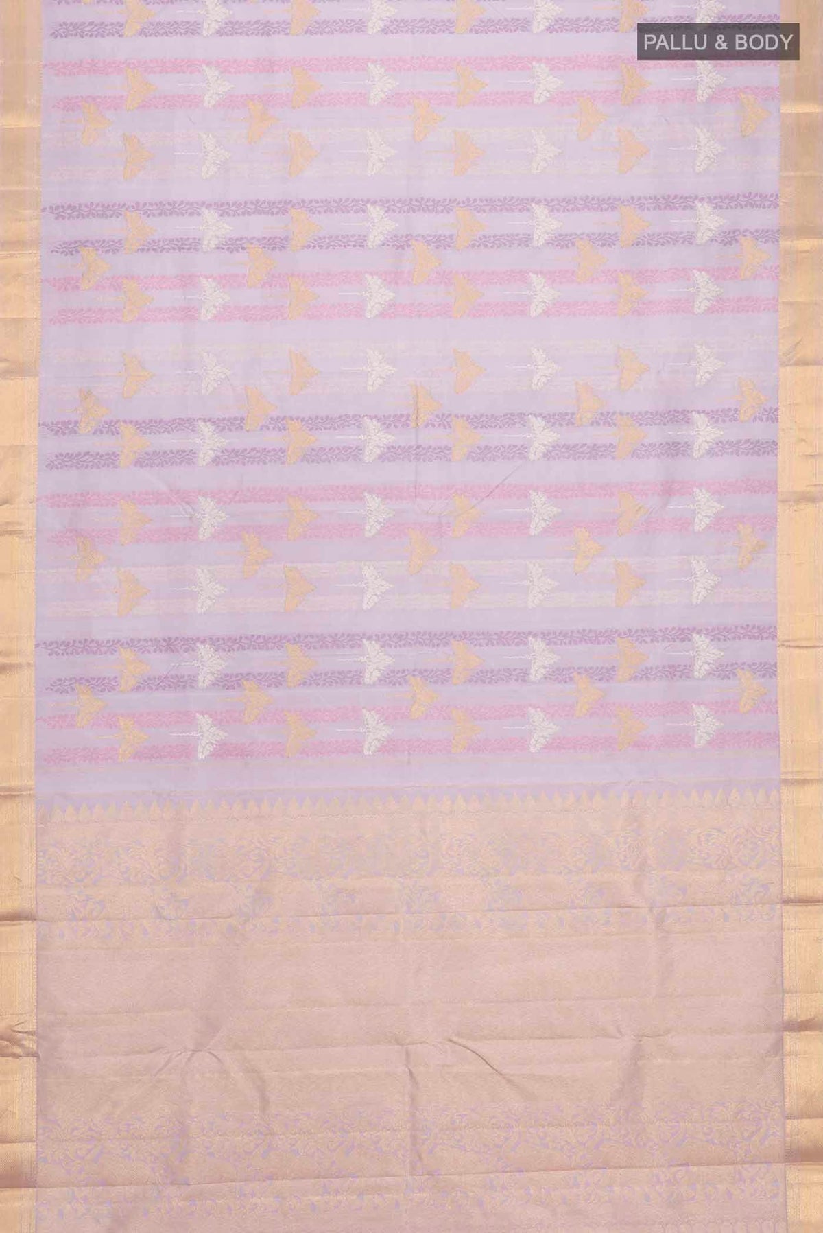 Flat view of Lavender Kanchipuram Silk Saree with Jacquard With Zari Butta on the body and Zari Border