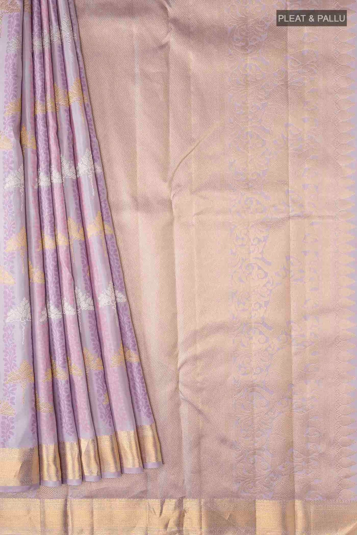 Pleats and pallu of Lavender Kanchipuram Silk Saree with Jacquard With Zari Butta on the body and Zari Border