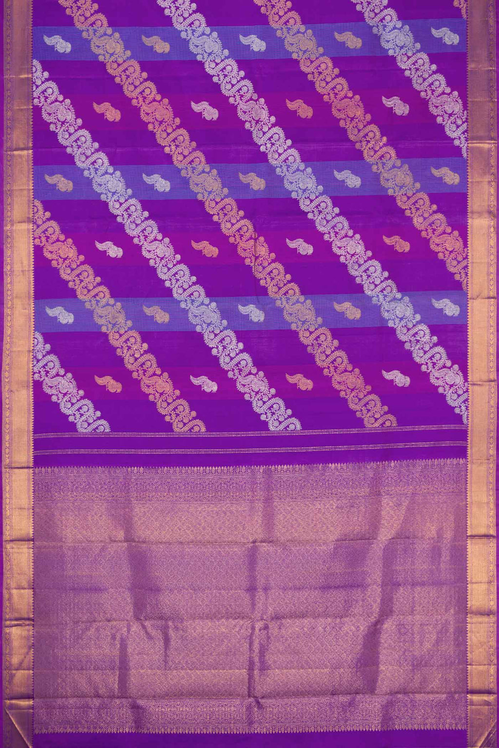 Flat view of Royal Blue Dual Tone Kanchipuram Silk Saree with Zari Brocade on the body and Zari Border