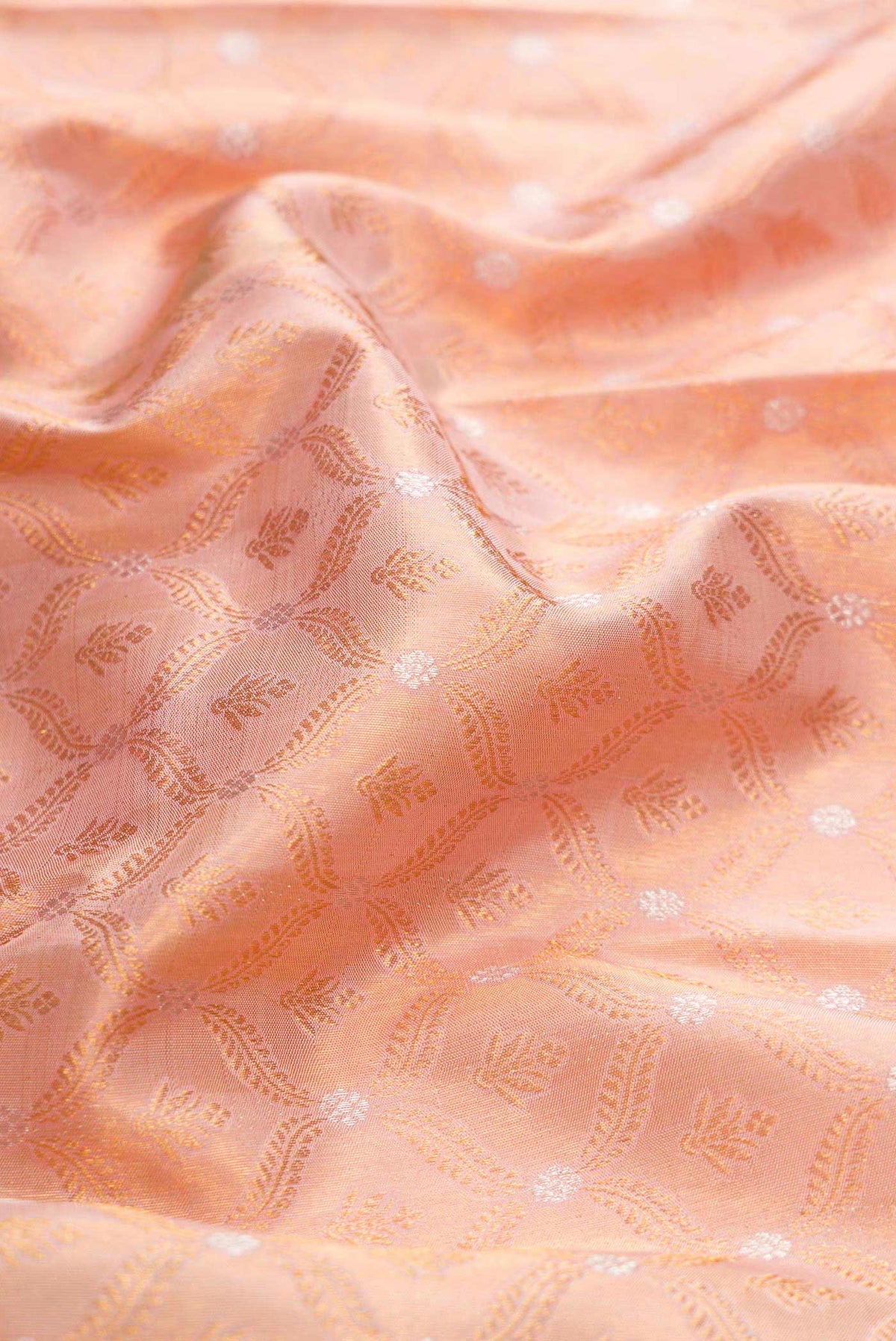 Close up of Rose Gold Dual Tone Kanchipuram Silk Saree with Zari Brocade on the body and Zari Border displaying folds