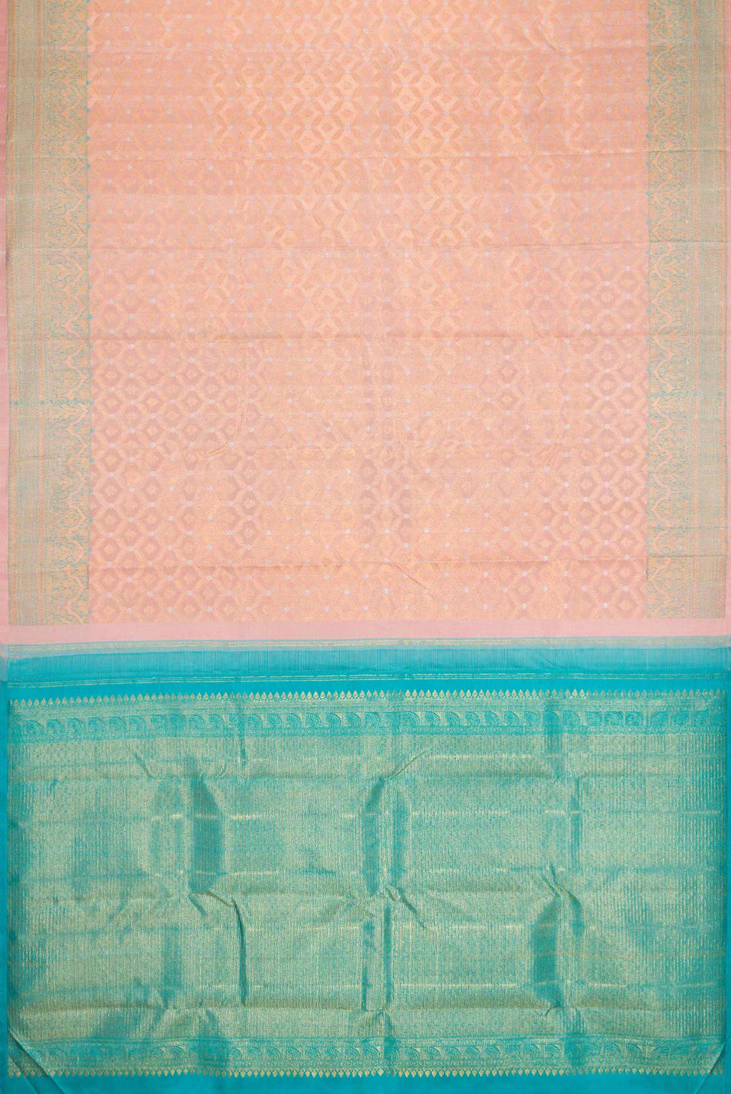 Flat view of Rose Gold Dual Tone Kanchipuram Silk Saree with Zari Brocade on the body and Zari Border