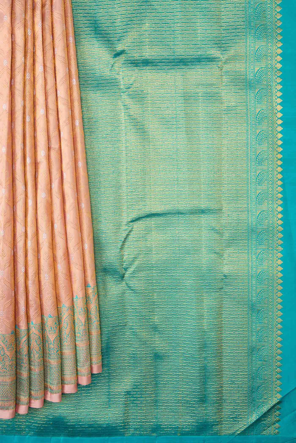 Pleats and pallu of Rose Gold Dual Tone Kanchipuram Silk Saree with Zari Brocade on the body and Zari Border