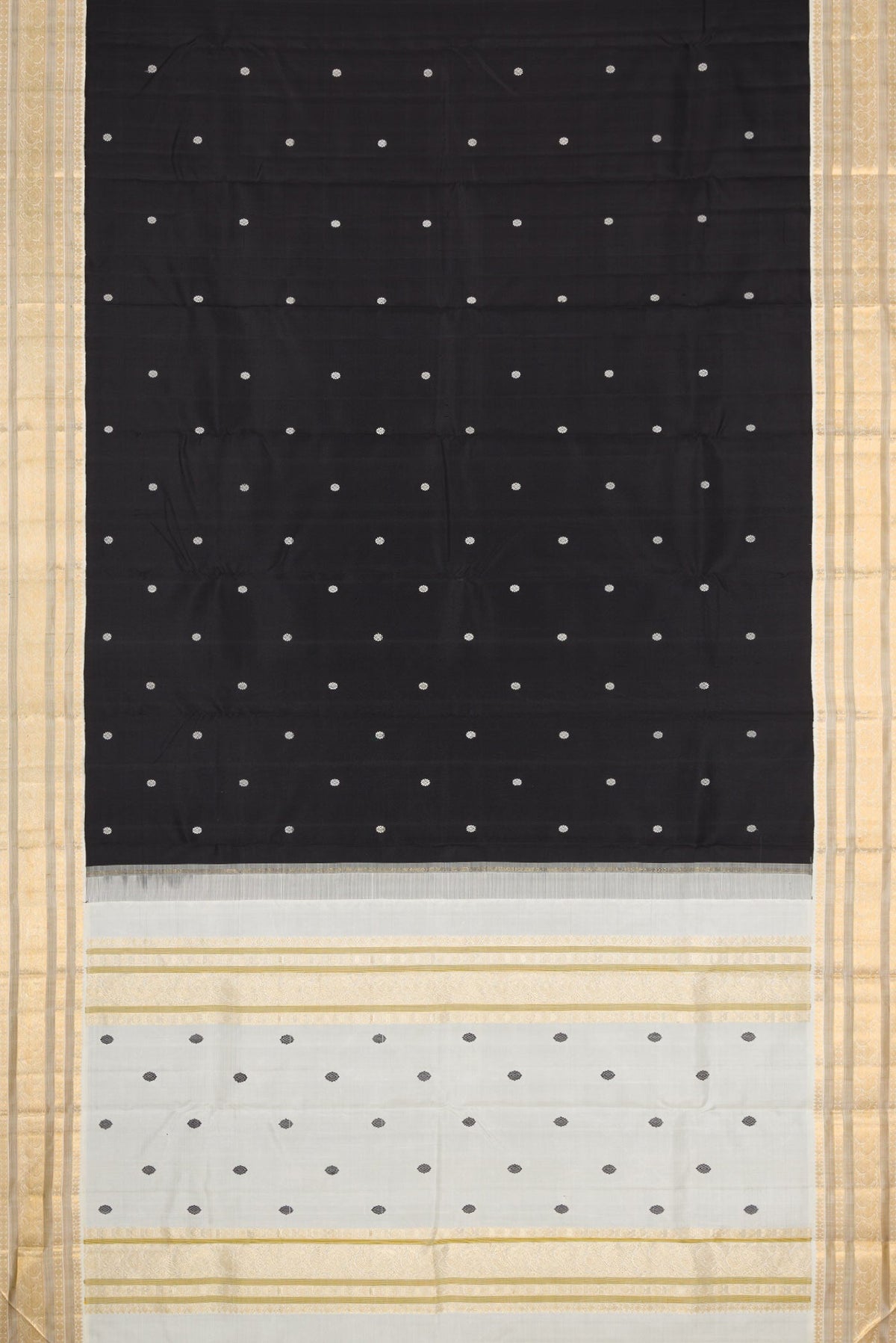 Flat view of Black Dual Tone Kanchipuram Silk Saree with Thread Butta on the body and Zari Border