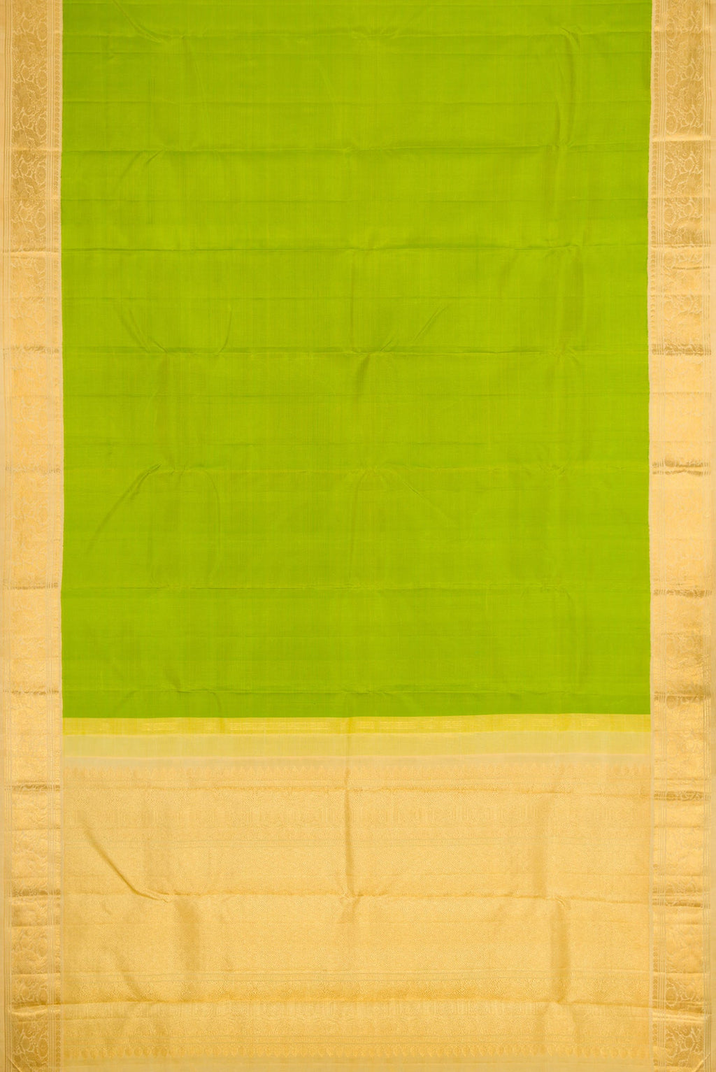 Flat view of Parrot Green Dual Tone Kanchipuram Silk Saree with Plain Body and Zari Border