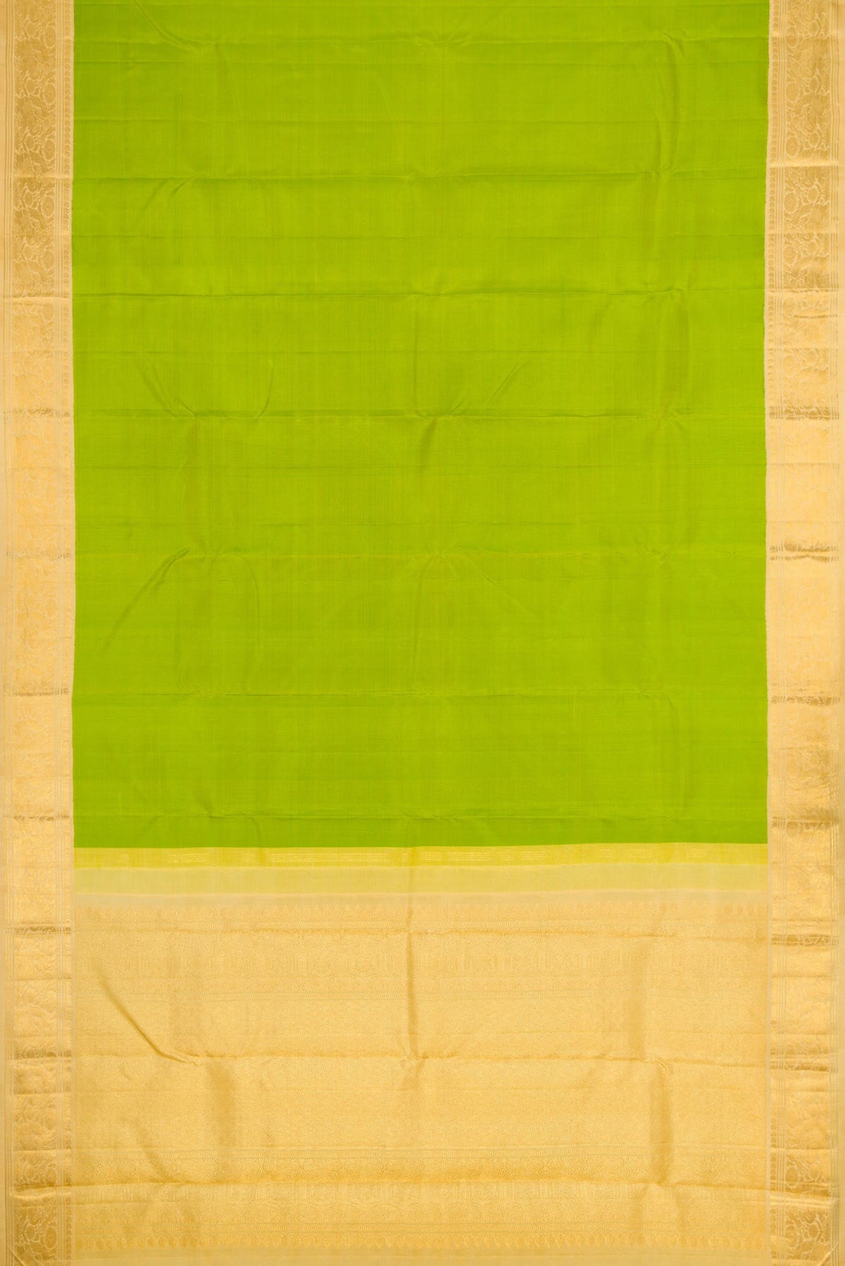 Flat view of Parrot Green Dual Tone Kanchipuram Silk Saree with Plain Body and Zari Border