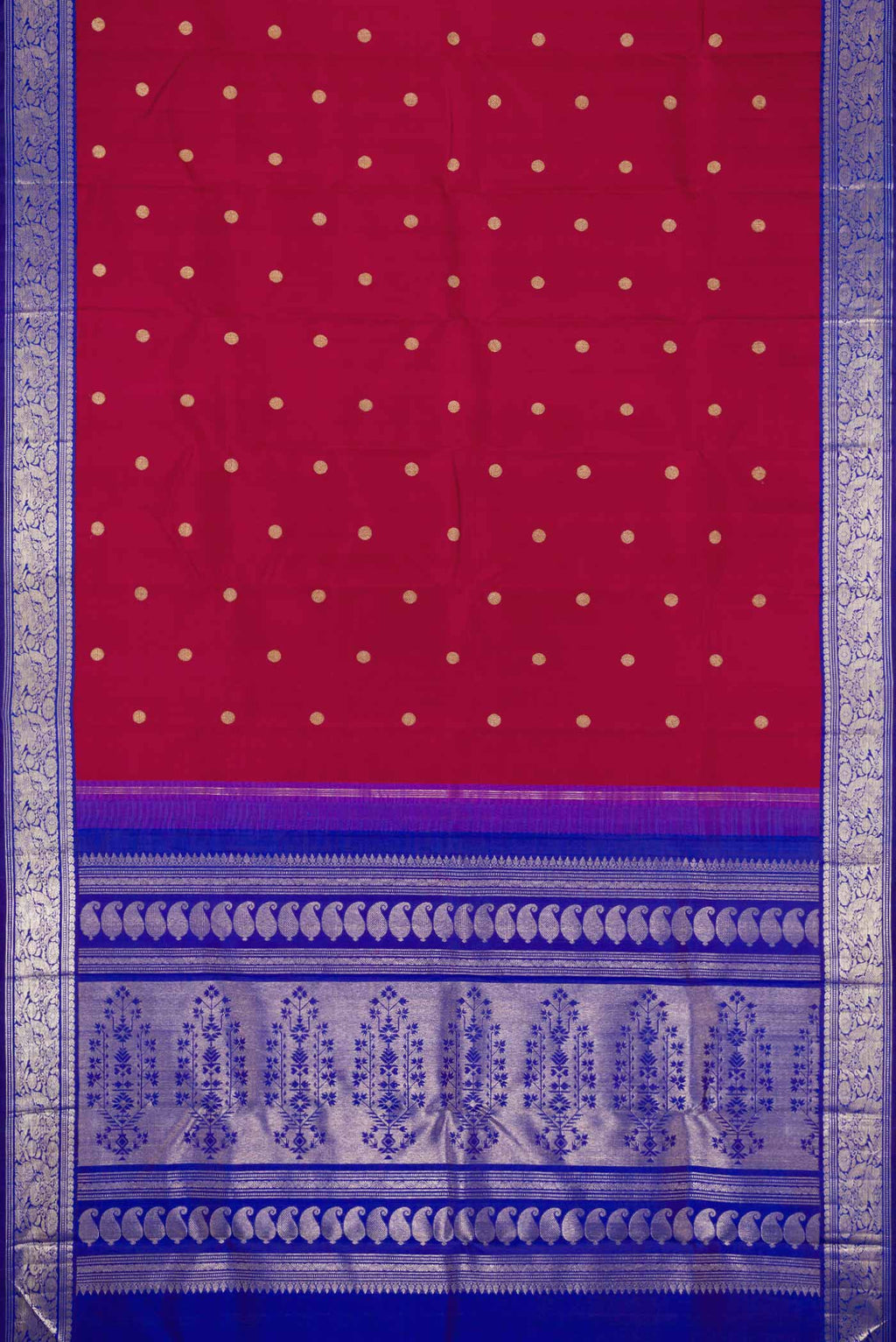 Flat view of Maroon Dual Tone Kanchipuram Silk Saree with Zari Butta on the body and Zari Border