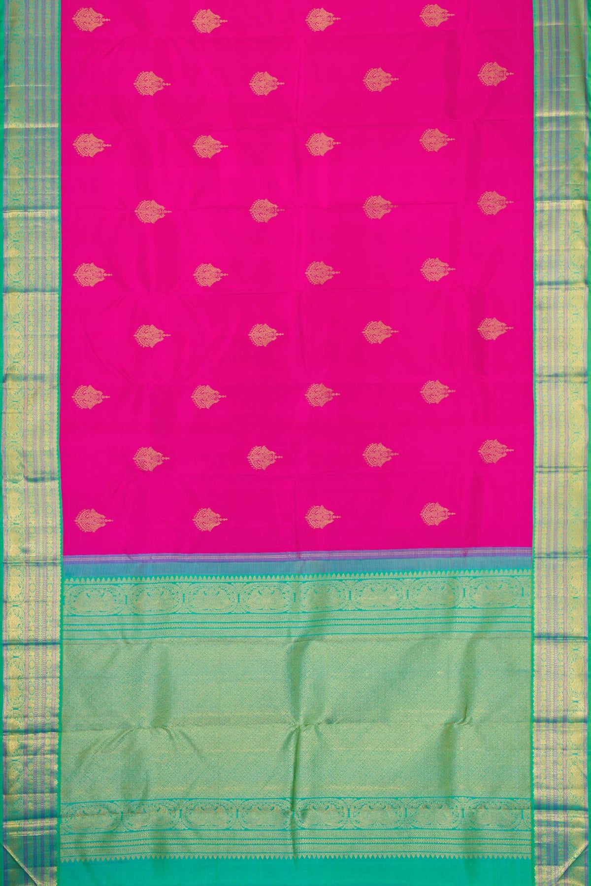 Flat view of Pink Dual Tone Kanjivaram Silk Saree with Zari Butta on the body and Zari Border. 