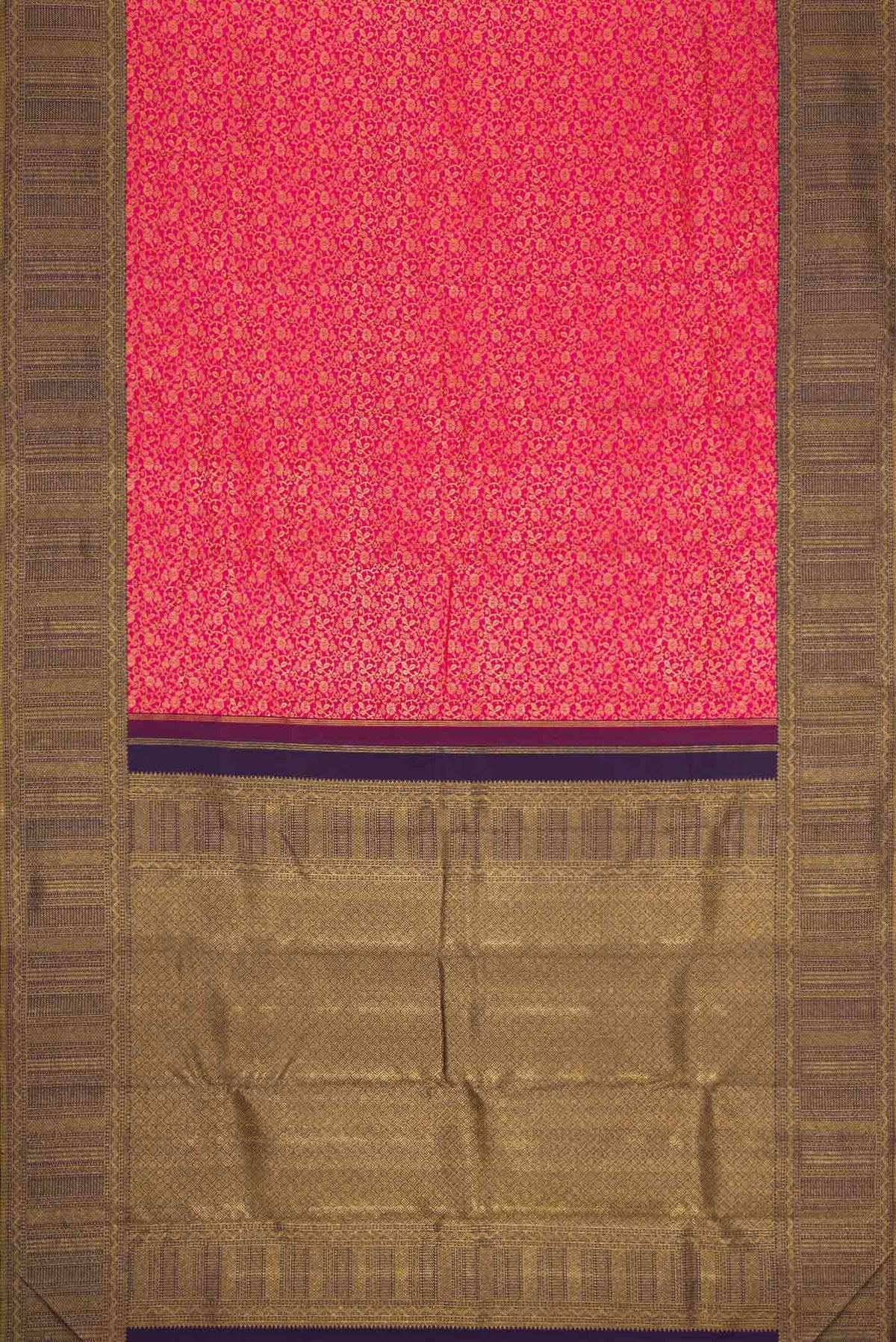 Flat view of Pink Dual Tone Kanchipuram Silk Saree with Zari Brocade on the body and Zari Border. 