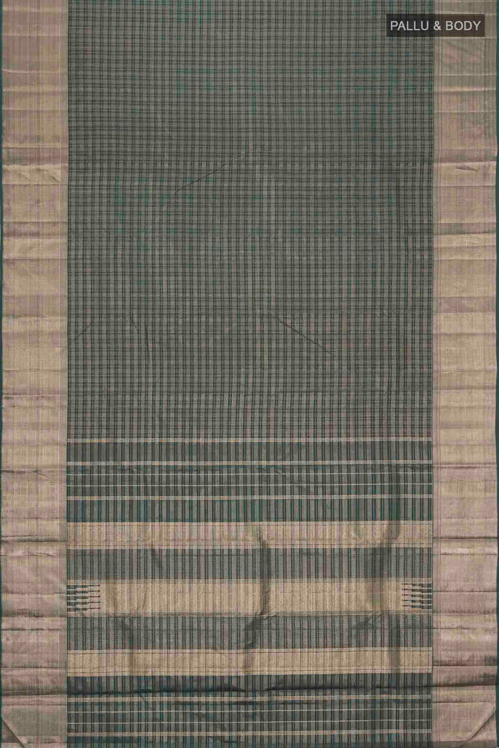 Flat view of Green Kanchipuram Silk Saree with Checked design on the body and Zari Border