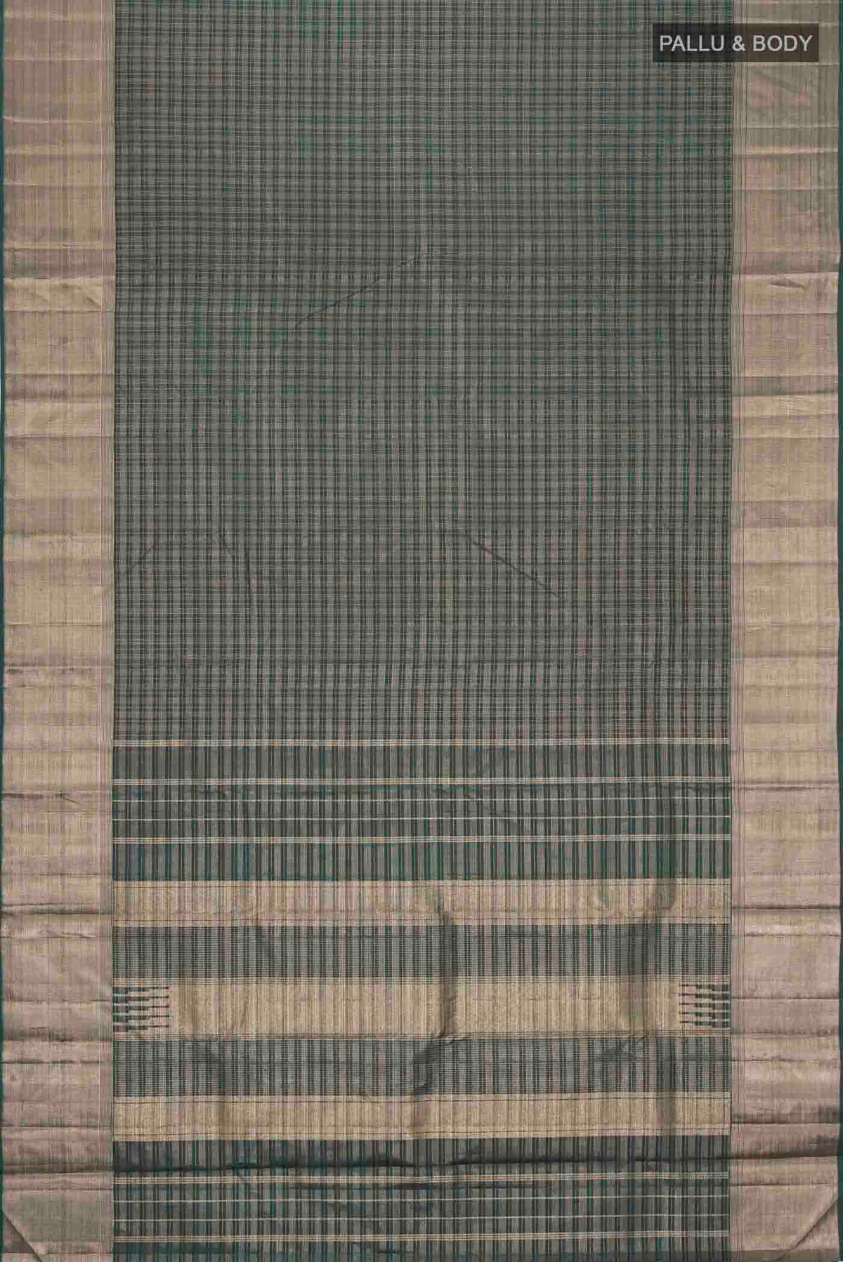 Flat view of Green Kanchipuram Silk Saree with Checked design on the body and Zari Border