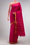 Pure Silk Pure Zari Maroon Dual Tone Kanjivaram Saree with Plain Body and Zari Border.  displayed on a mannequin