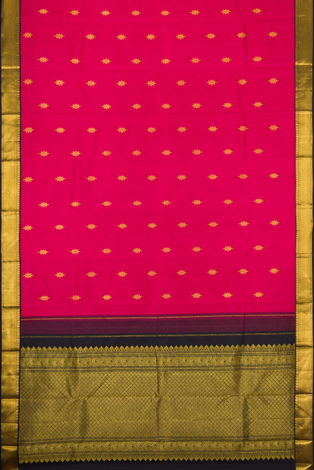 Flat view of Pink Dual Tone Kanchipuram Silk Saree with Zari Butta on the body and Zari Border