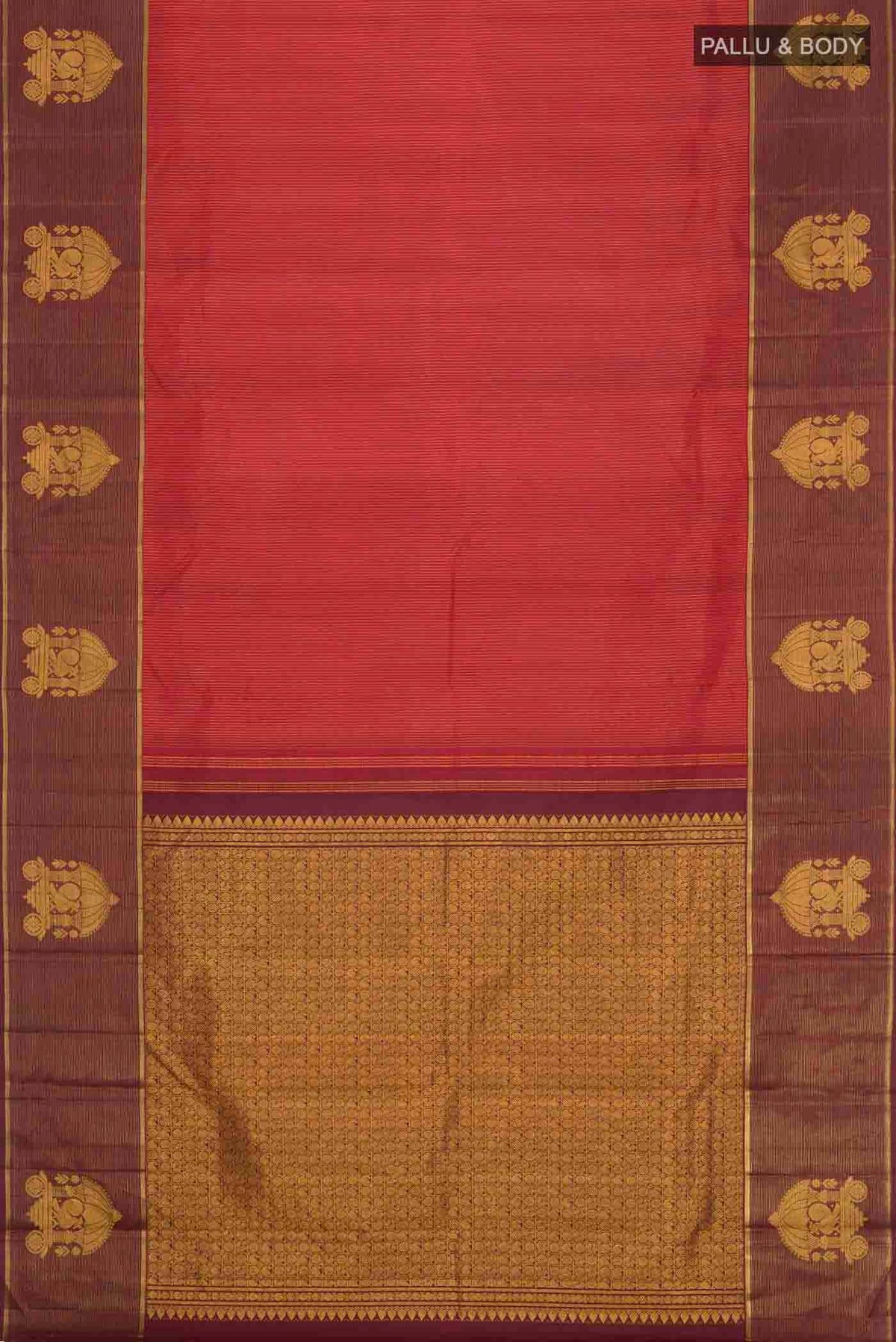 Flat view of Maroon Kanchipuram Silk Saree with Stripes on the body and Zari Border