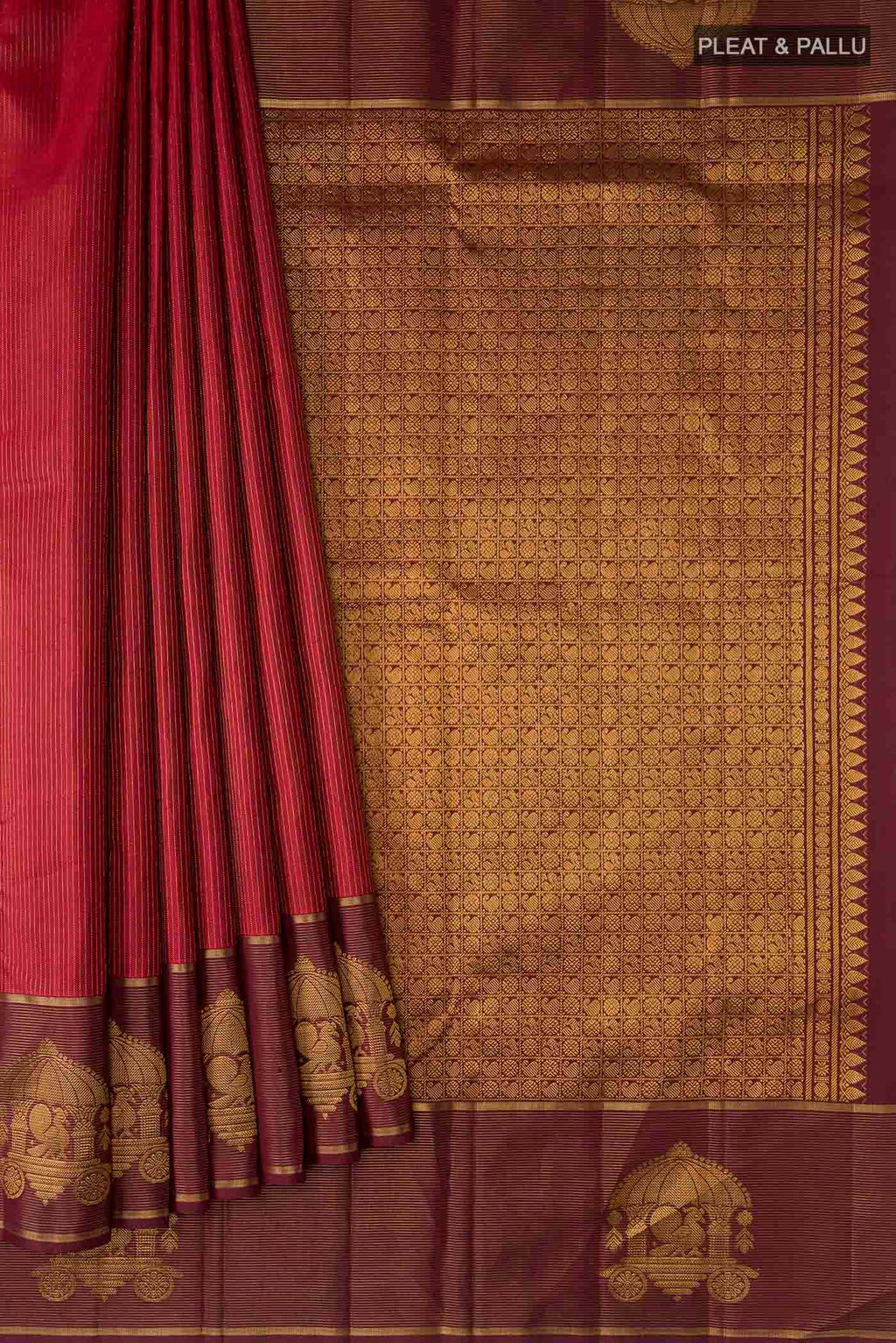 Pleats and pallu of Maroon Kanchipuram Silk Saree with Stripes on the body and Zari Border