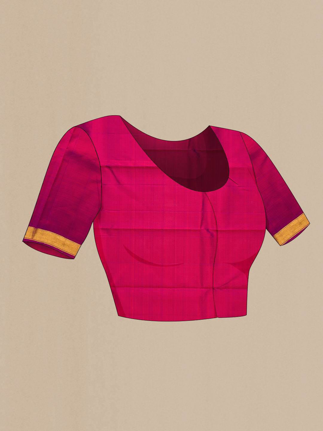 Close up image of the blouse of Red Dual Tone Kanjivaram Silk Saree with Plain Body and Zari Border. 