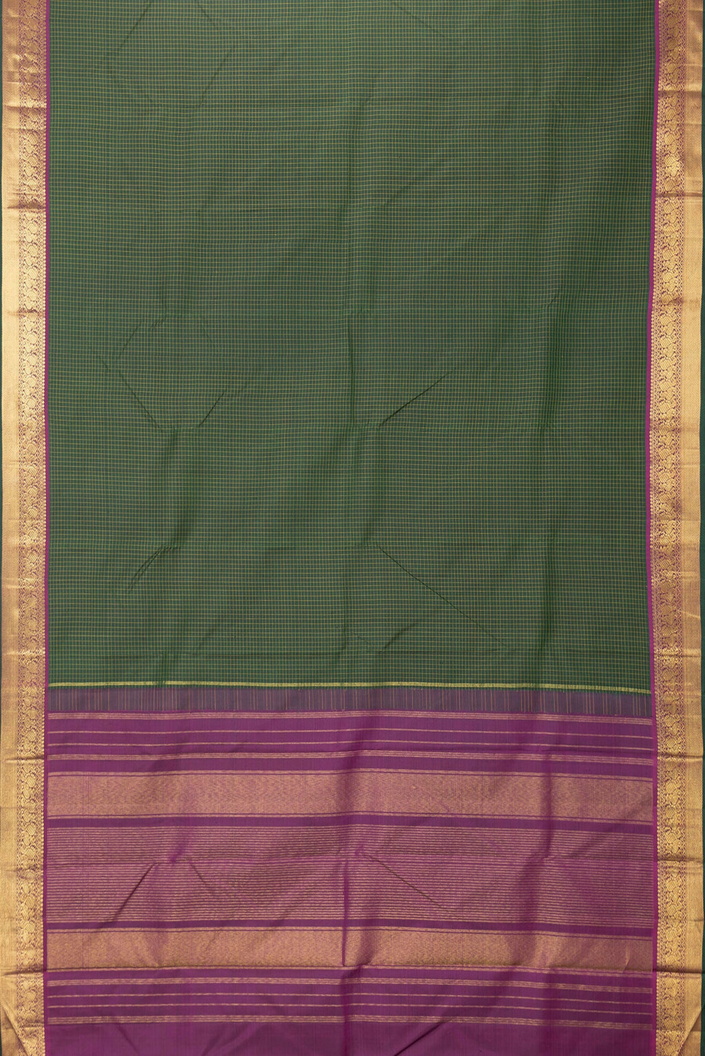Flat view of Bottle Green Dual Tone Kanchipuram Silk Saree with Checked design on the body and Zari Border. 
