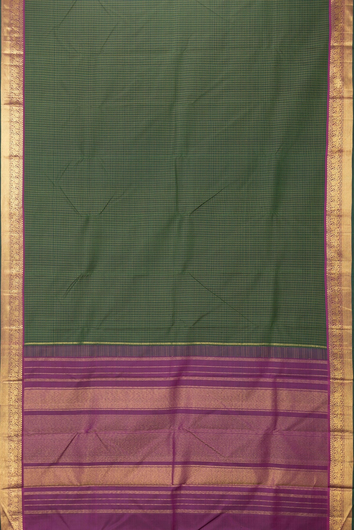 Flat view of Bottle Green Dual Tone Kanchipuram Silk Saree with Checked design on the body and Zari Border. 