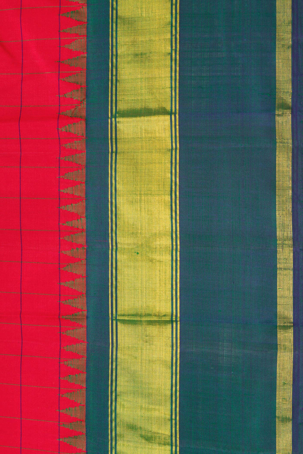 Border image of Red Dual Tone Kanchipuram Silk Saree with Checked design on the body and Zari Border. 