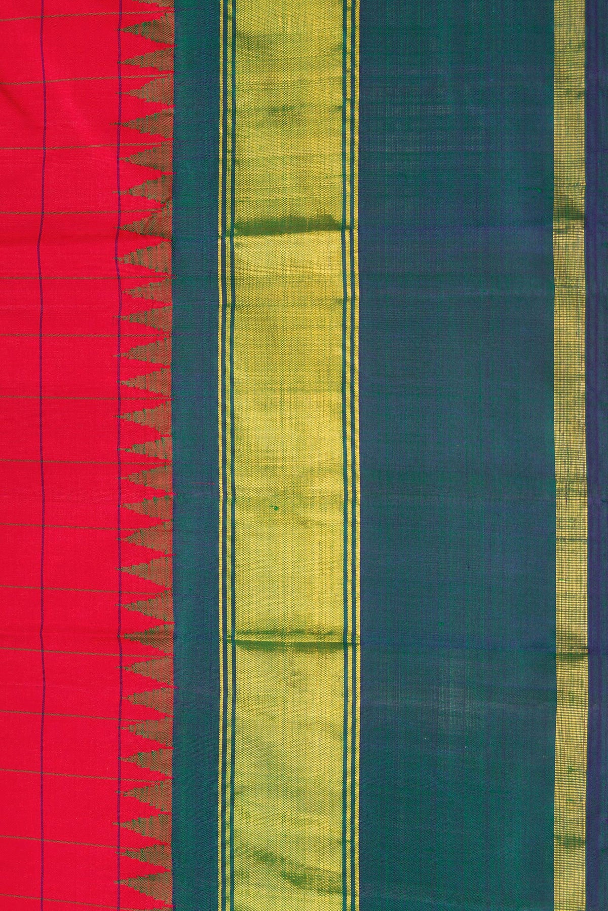 Border image of Red Dual Tone Kanchipuram Silk Saree with Checked design on the body and Zari Border. 