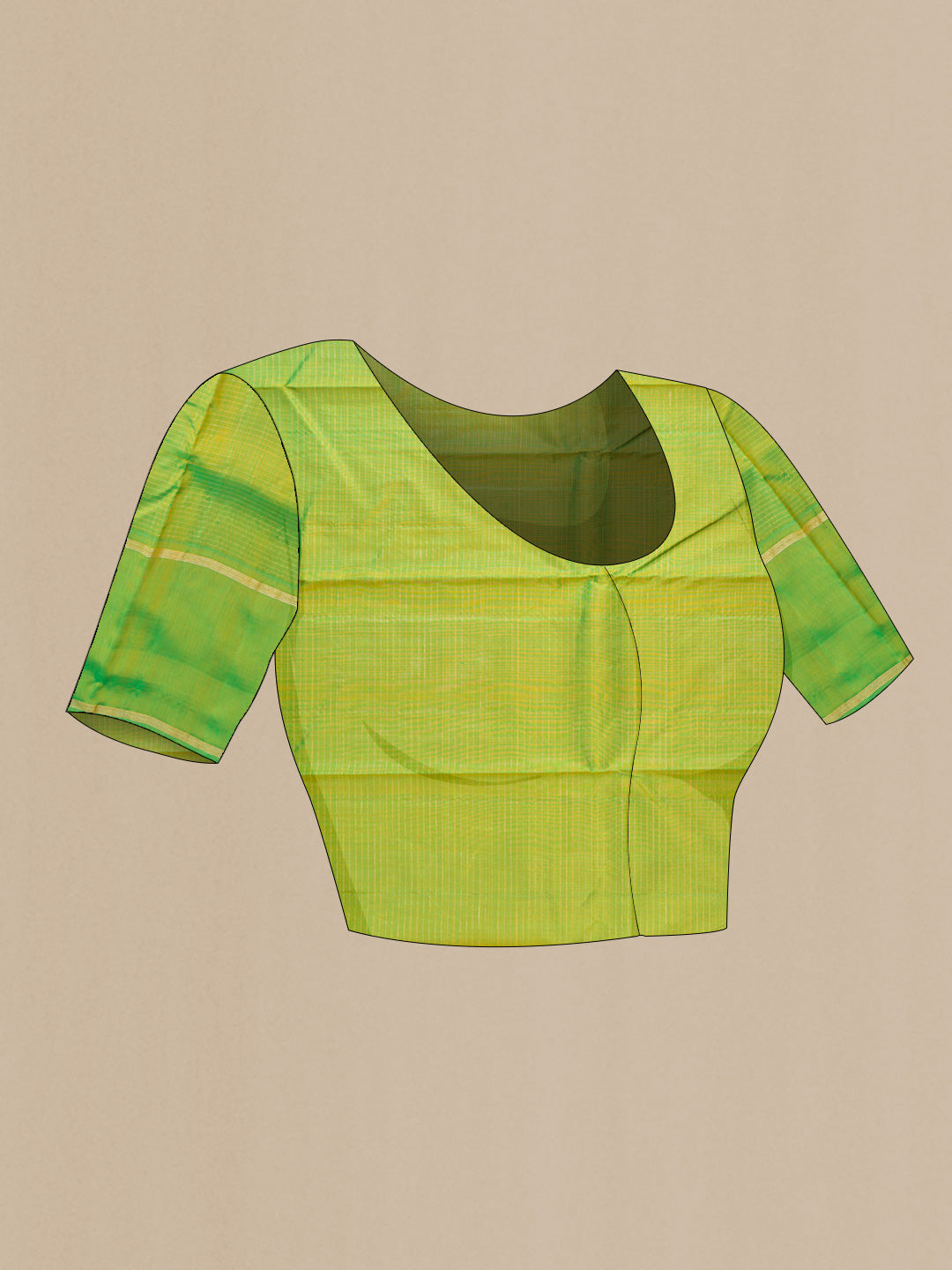 Close up image of the blouse of Mustard Dual Tone Kanchipuram Silk Saree with Checked design on the body and Zari Border. 