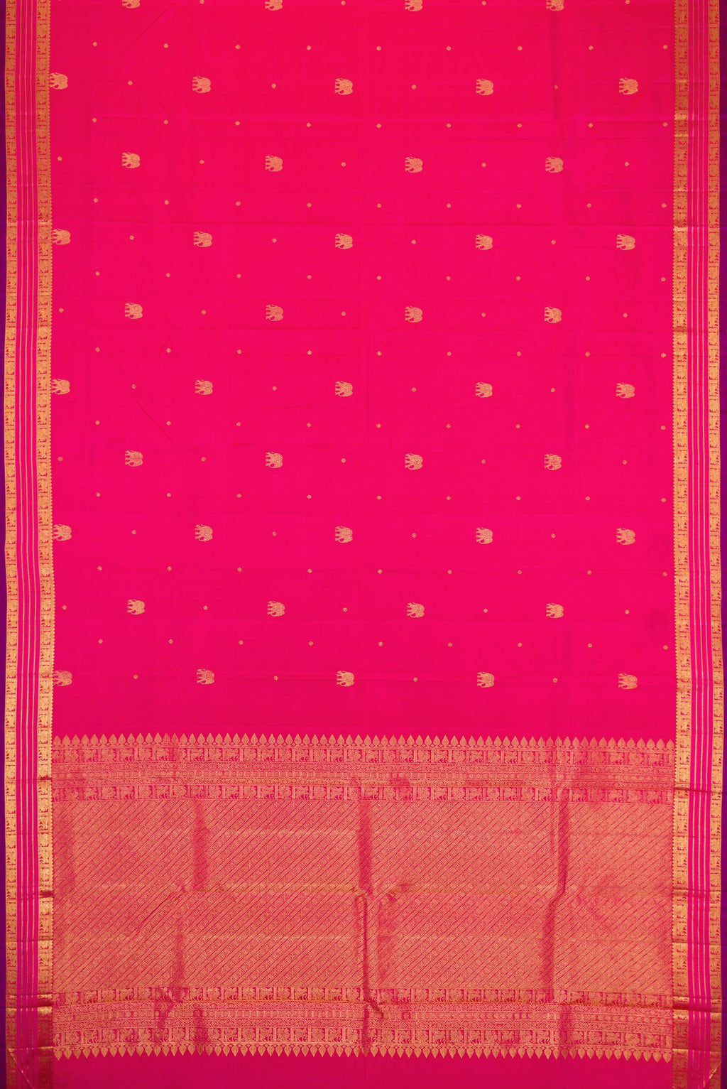 Flat view of Pink Dual Tone Kanchipuram Silk Saree with Zari Butta on the body and Zari Border. 