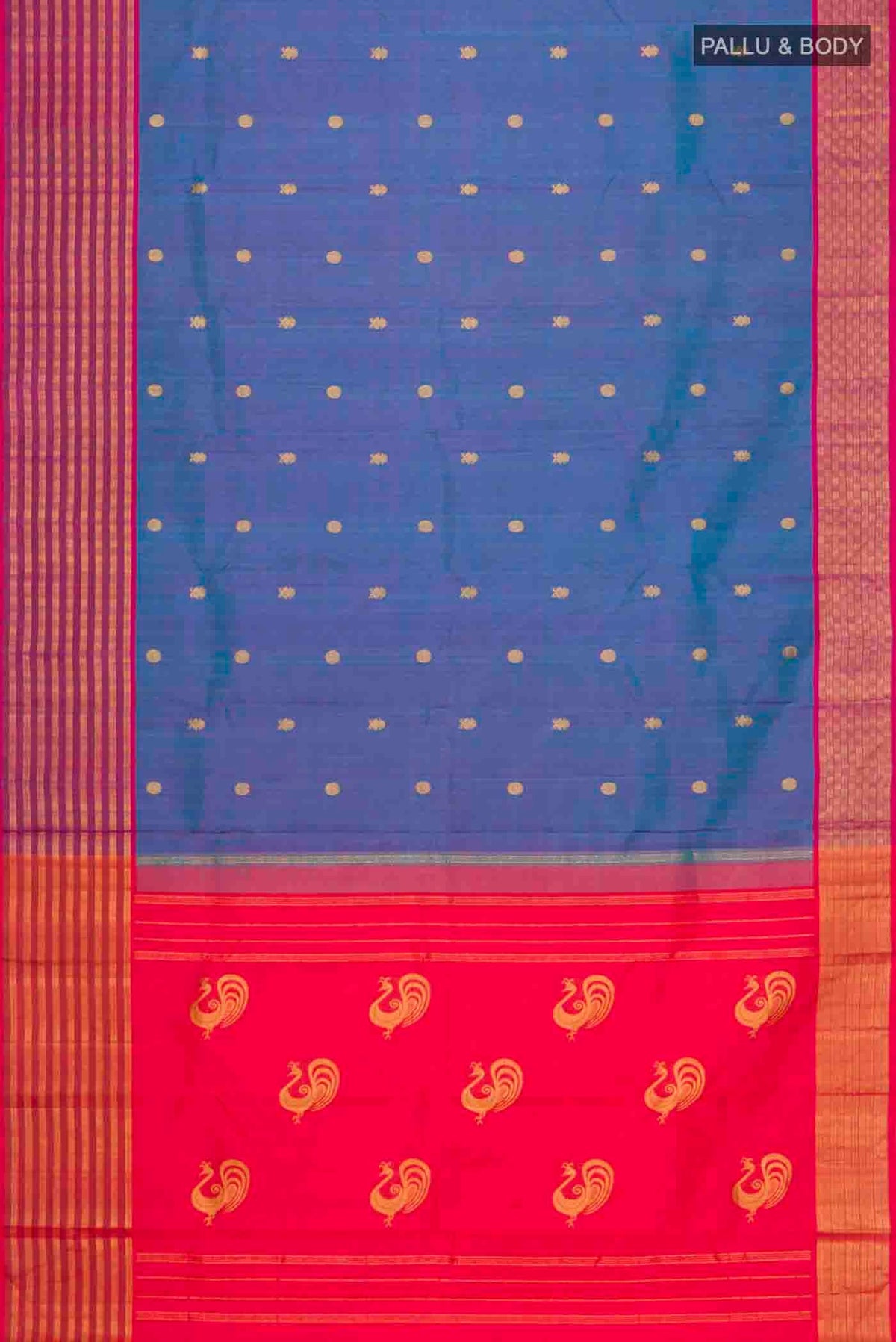 Flat view of Blue Kanchipuram Silk Saree with Zari Butta on the body and Zari Border
