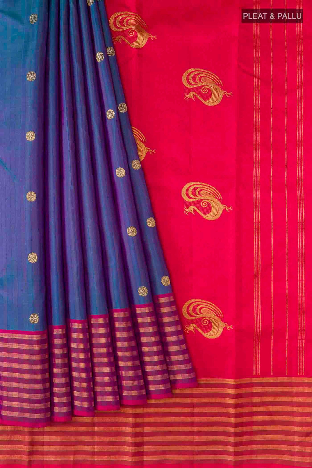 Pleats and pallu of Blue Kanchipuram Silk Saree with Zari Butta on the body and Zari Border