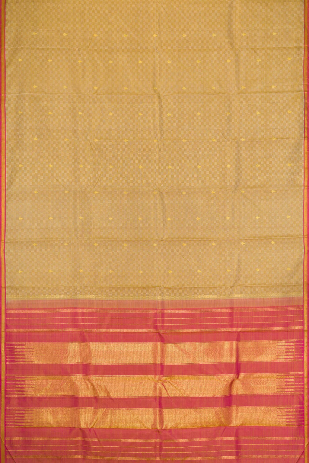 Flat view of Beige Dual Tone Kanchipuram Silk Saree with Zari Butta on the body and Zari Border
