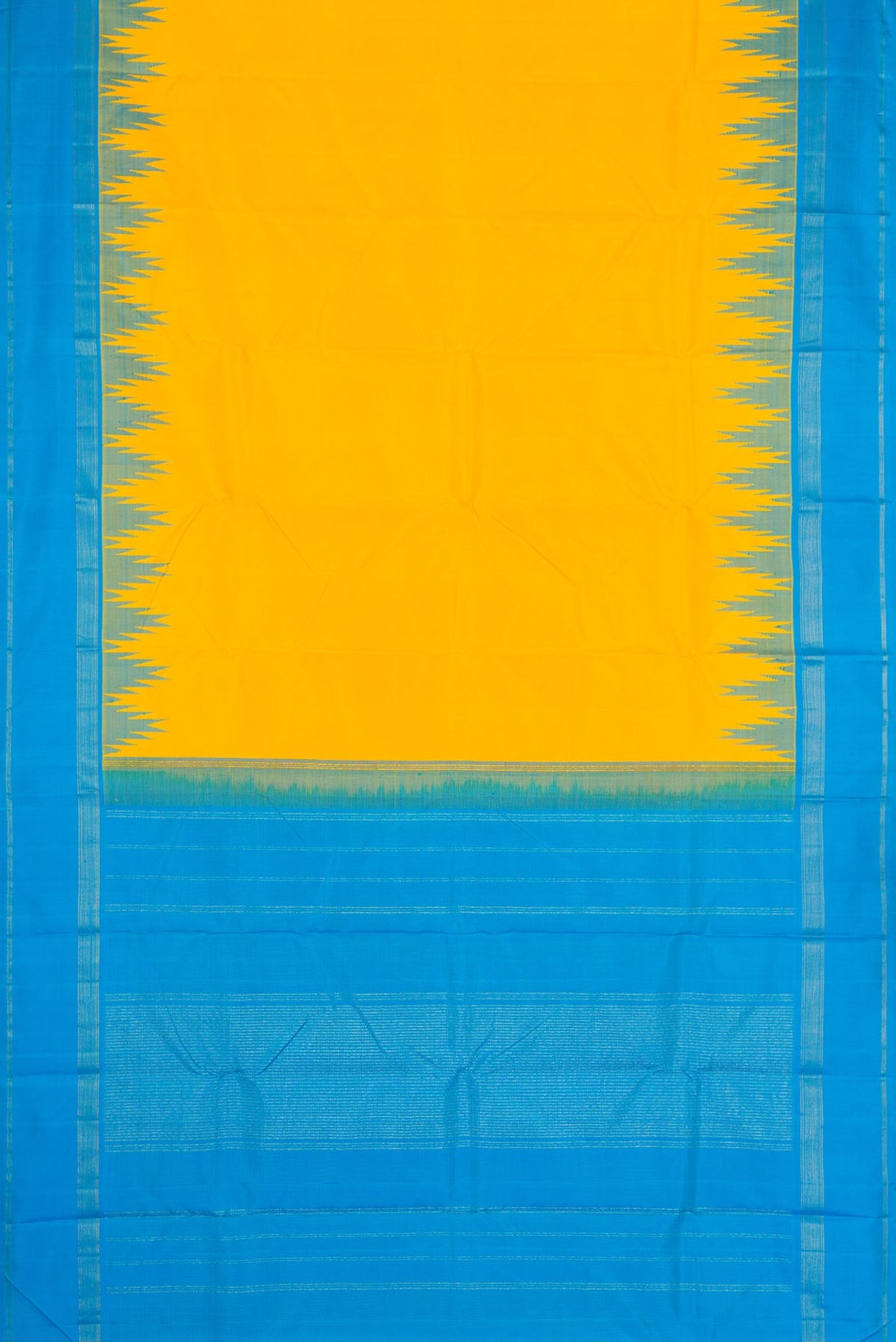Flat view of Yellow Dual Tone Kanchipuram Silk Saree with Plain Body and Temple Border