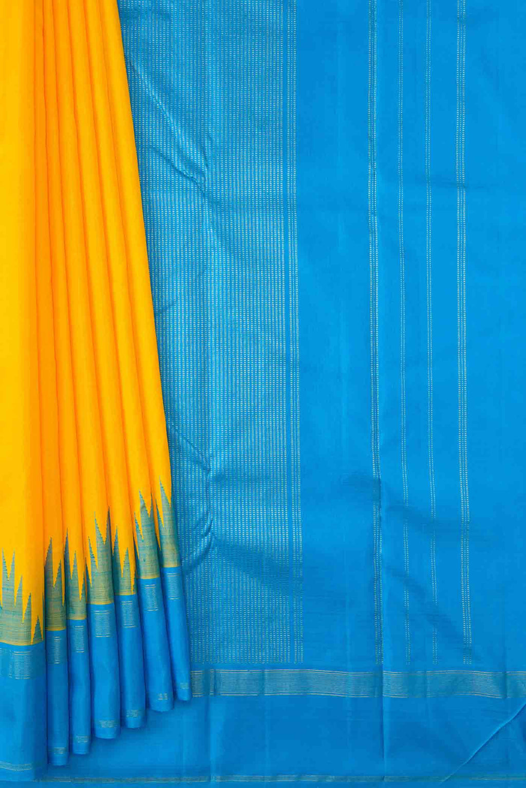Pleats and pallu of Yellow Dual Tone Kanchipuram Silk Saree with Plain Body and Temple Border