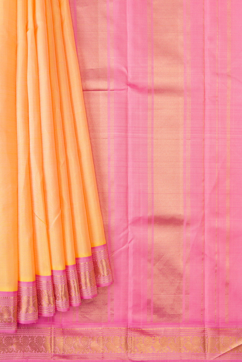 Pleats and pallu of Sandal Dual Tone Kanjivaram Silk Saree with Plain Body and Zari Border. 