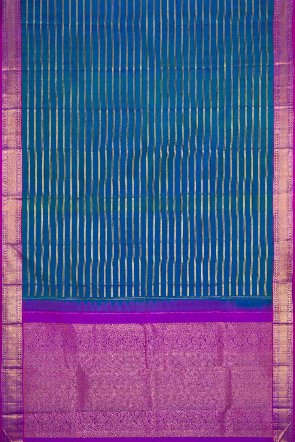 Flat view of Peacock Blue Dual Tone Kanchipuram Silk Saree with Stripes on the body and Zari Border