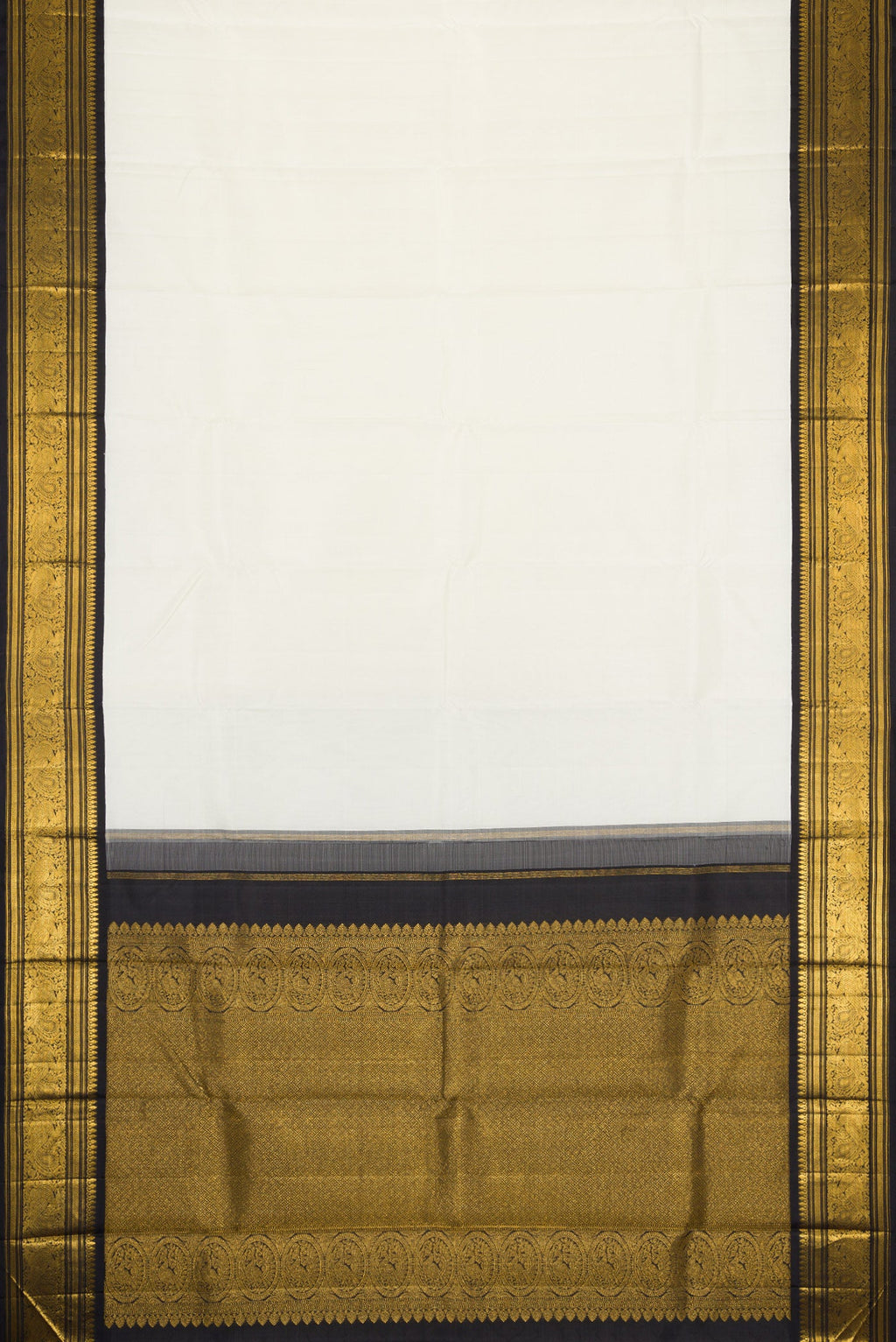 Flat view of Pure Silk Pure Zari White Dual Tone Kanjivaram Saree with Plain Body and Zari Border. 