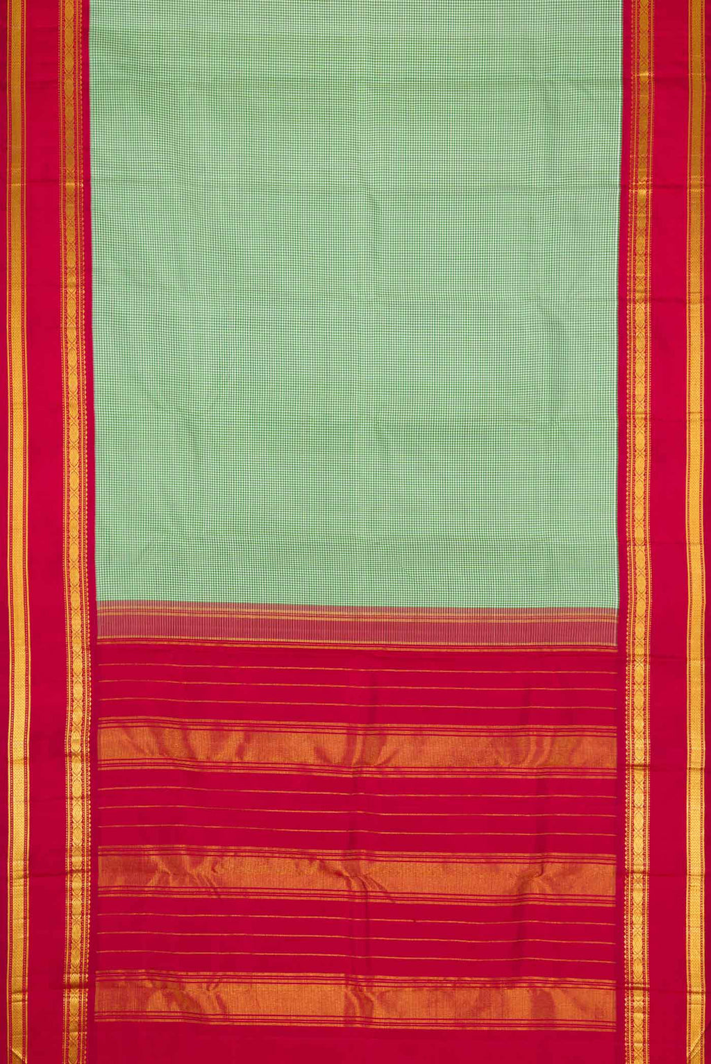 Flat view of Green Dual Tone Kanchipuram Silk Saree with Checked design on the body and Zari Border