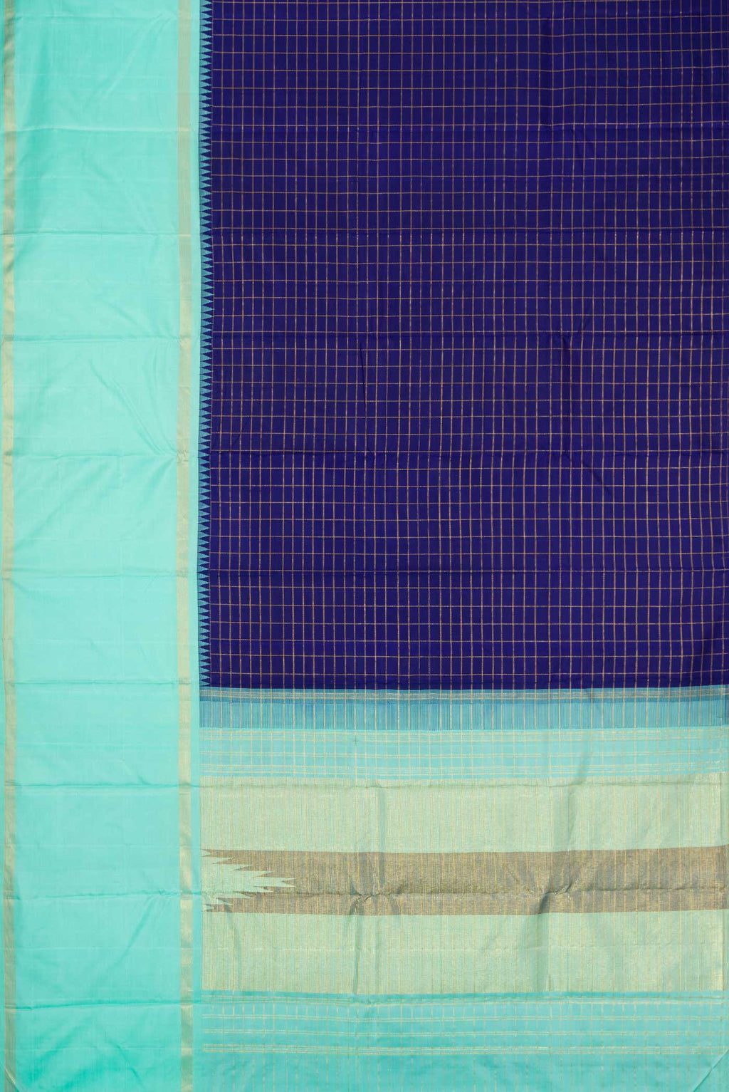 Flat view of Navy Blue Dual Tone Kanchipuram Silk Saree with Checked design on the body and Zari Border