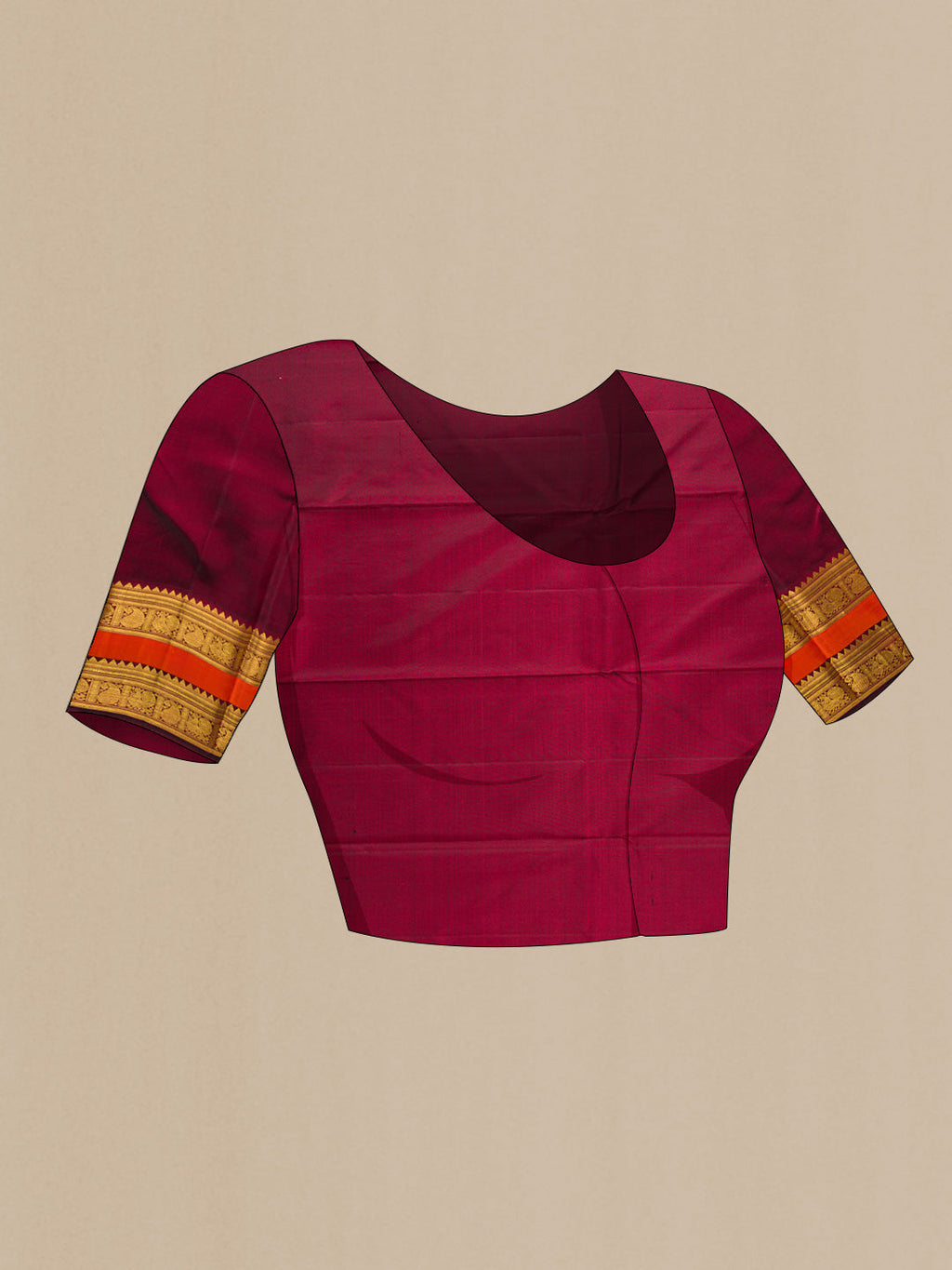 Close up image of the blouse of Maroon Dual Tone Kanchipuram Silk Saree with Zari Brocade on the body and Zari Border
