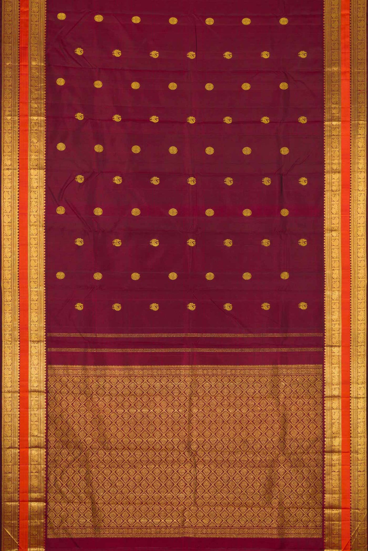 Flat view of Maroon Dual Tone Kanchipuram Silk Saree with Zari Brocade on the body and Zari Border