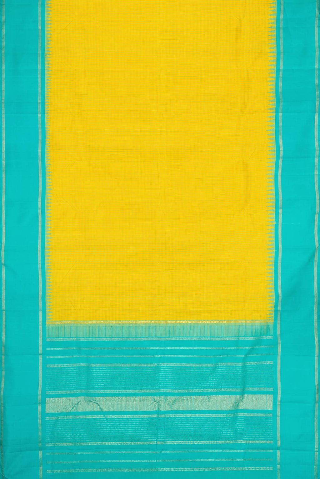 Flat view of Lemon Yellow Dual Tone Kanchipuram Silk Saree with Checked design on the body and Zari Border