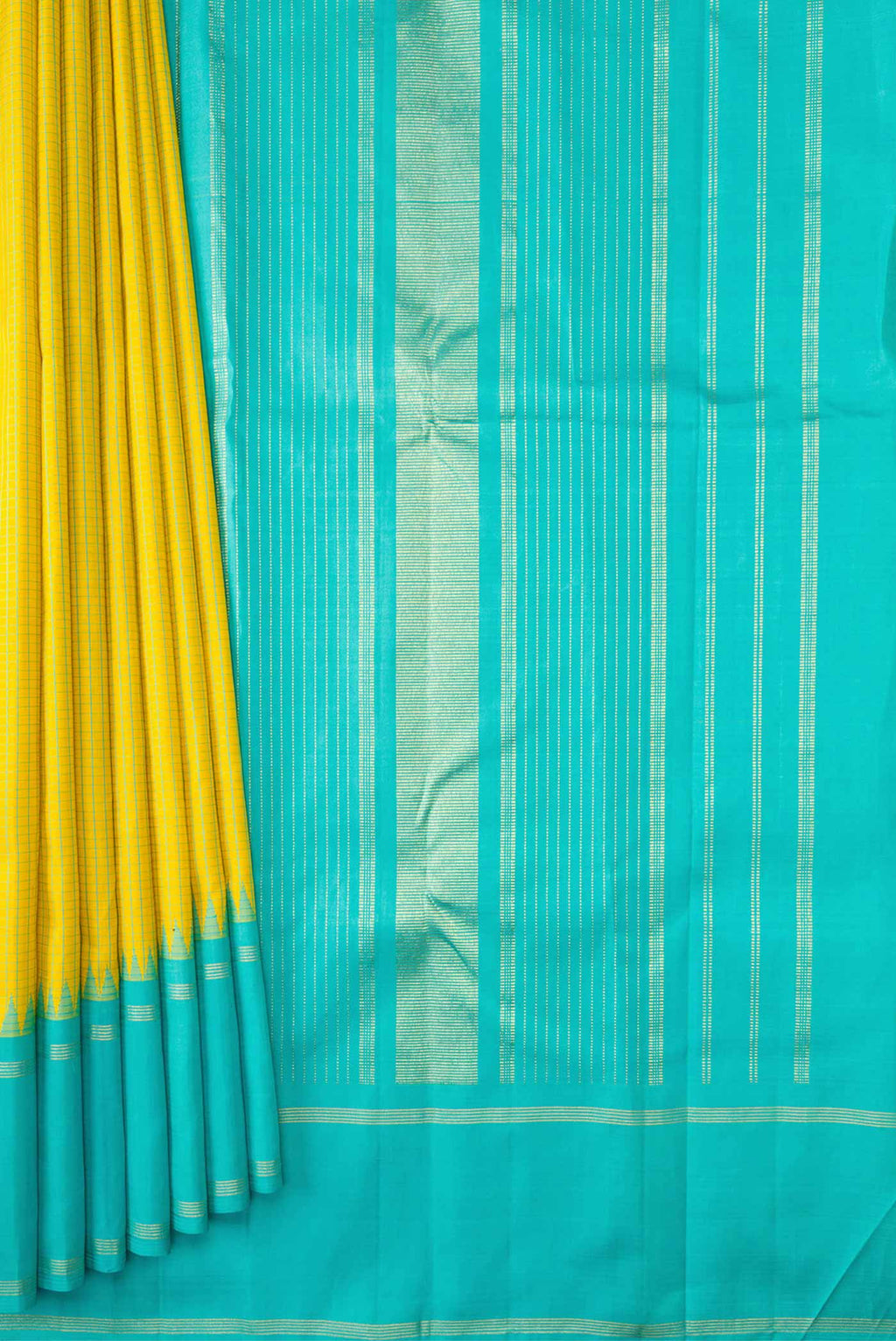 Pleats and pallu of Lemon Yellow Dual Tone Kanchipuram Silk Saree with Checked design on the body and Zari Border