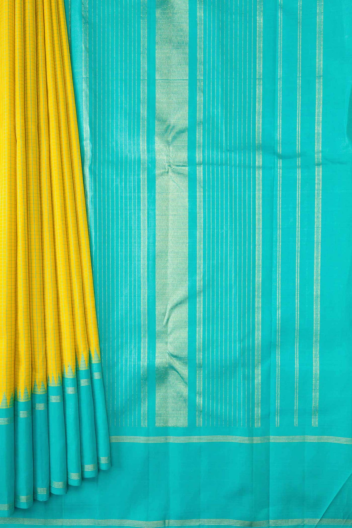 Pleats and pallu of Lemon Yellow Dual Tone Kanchipuram Silk Saree with Checked design on the body and Zari Border