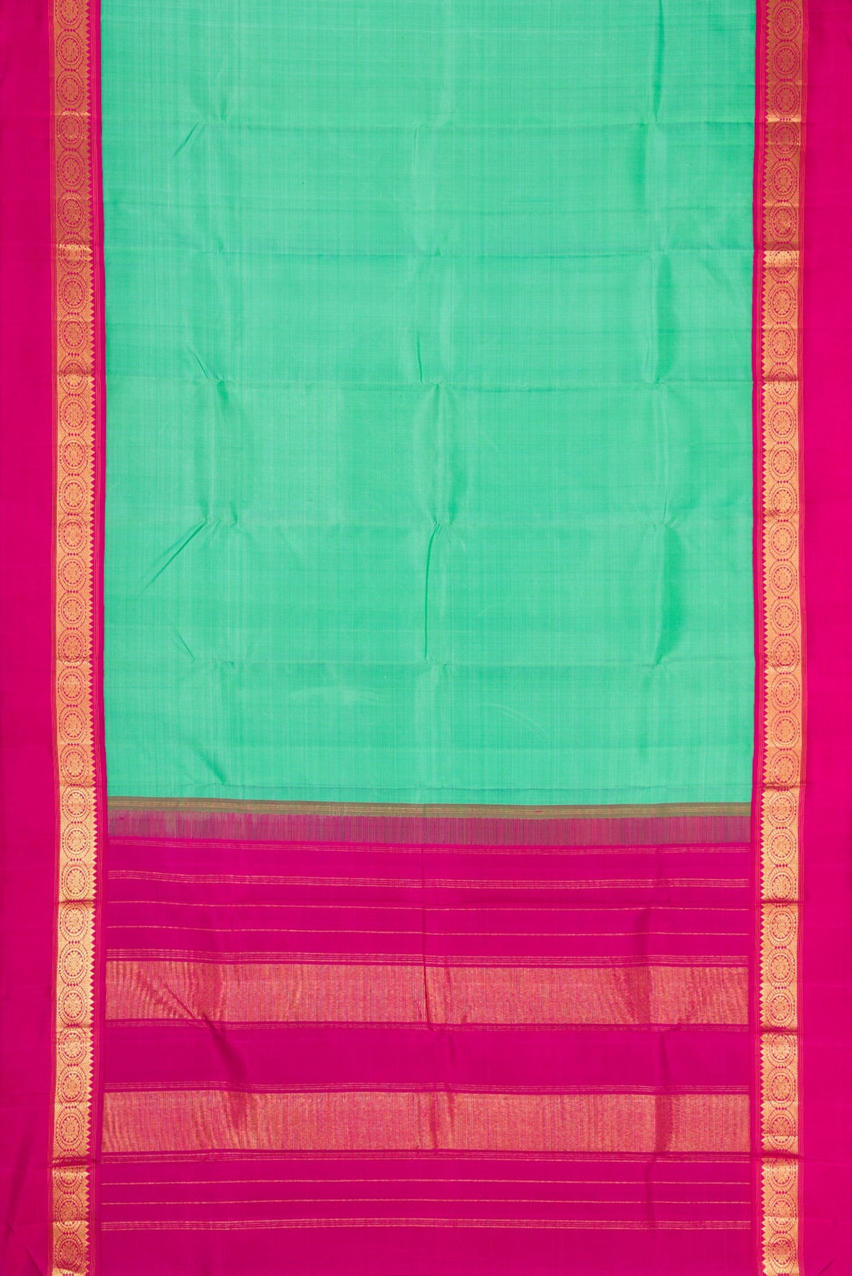 Flat view of Pure Silk Pure Zari Sea Green Dual Tone Kanjivaram Saree with Plain Body and Zari Border. 